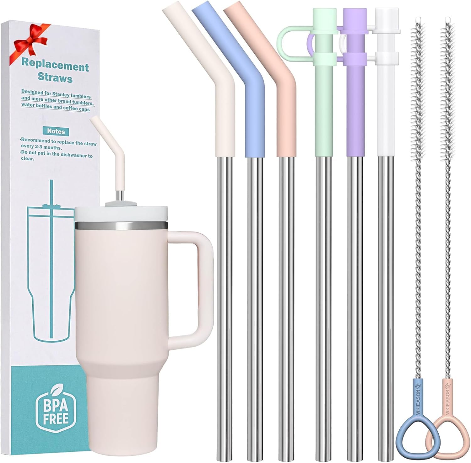 WK ieason 6pcs Reusable Straws for Stanley 40 oz Cup and Tumbler, 12 Inch Long Stainless Steel Replacement Straws with Silicone Tips, Straw Cover and Cleaning Brush As Stanley Cup Accessories