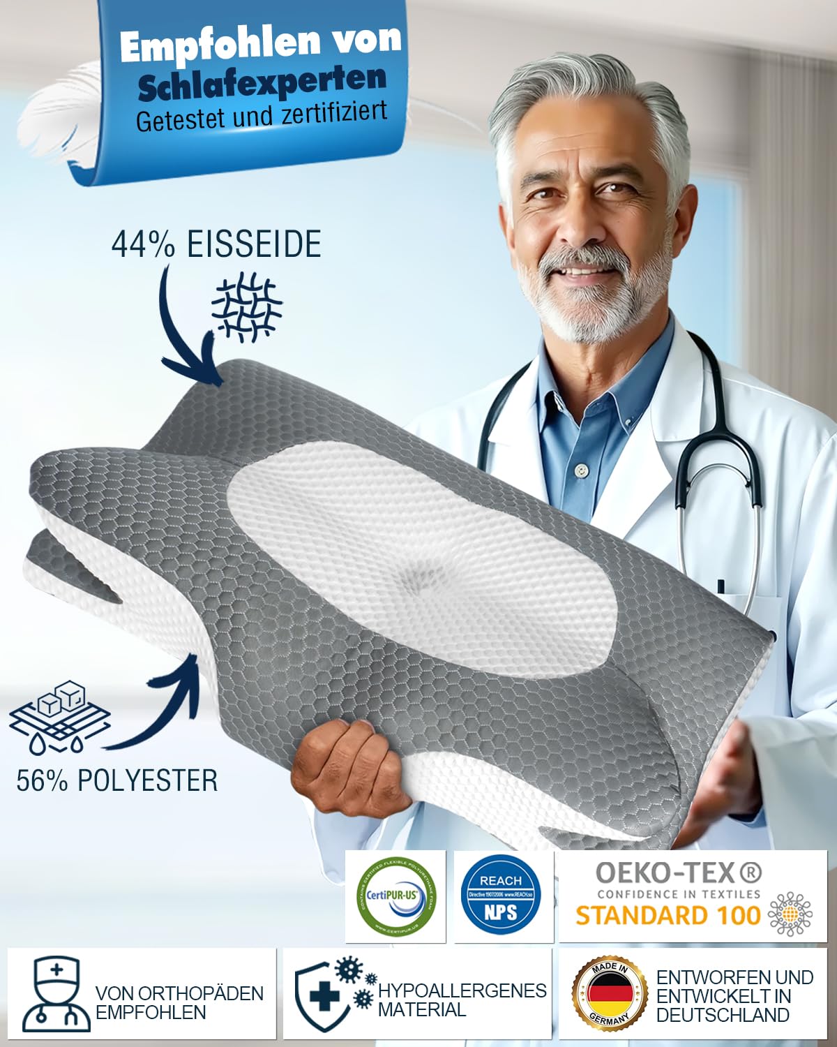 IDEA Almohada cervical, almohada ergonómica para el dolor de cuello, almohada de espuma viscoelástica para los lados, la espalda y el estómago, almohada para dormir para aliviar el cuello y el sueño