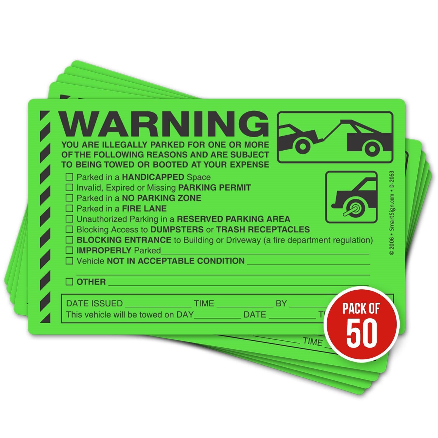 Parking Violation Stickers For Enforcement of Illegal Parking Infractions / Very Hard To Remove and Super Sticky Permanent Adhesive (50 Pack) 8" x 5"