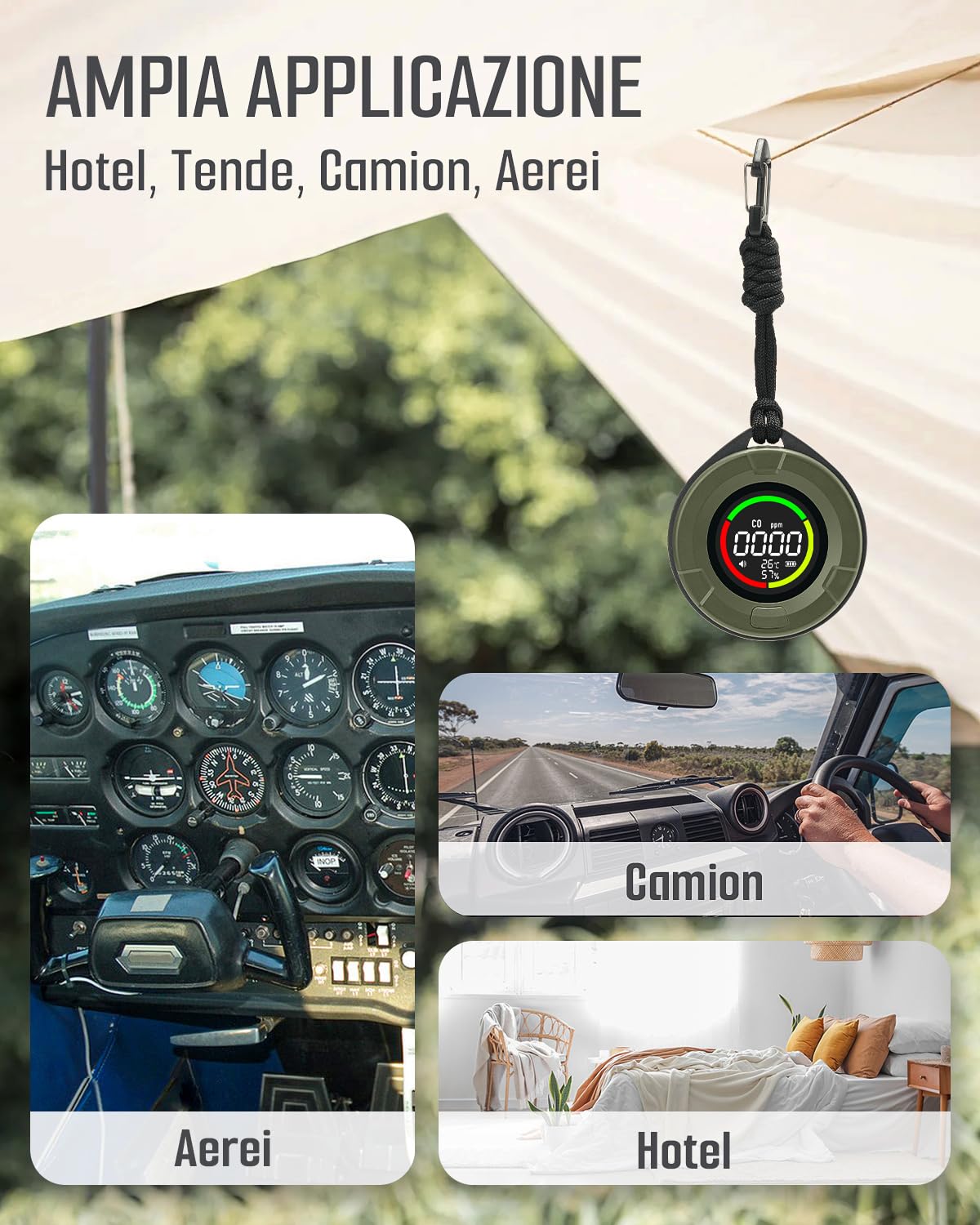 DS-100 Rilevatore Portatile di Monossido di Carbonio con Magnete, Autonomia di 140 Ore, Sensore CO Ricaricabile 3 in 1 con Allarme Acustico e Visivo per Viaggi, Campeggio, Auto e Camper