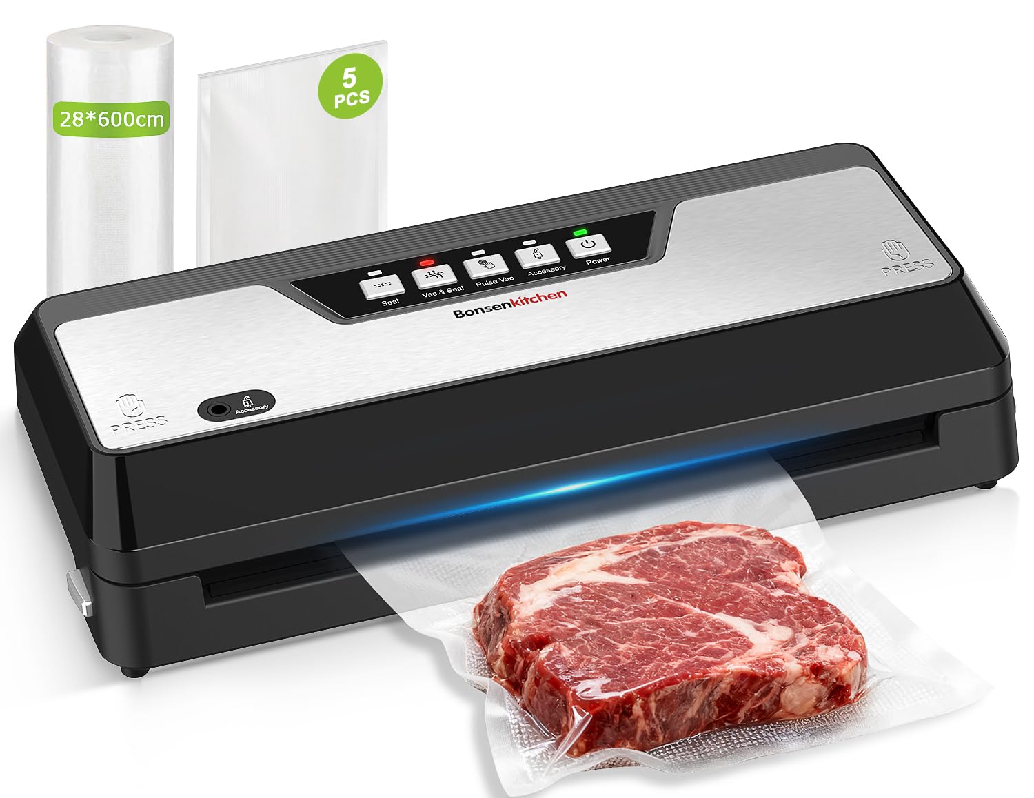 Bonsenkitchen Vakuumiergerät für Lebensmittel, Kompakt, Mehrfach-Modi, inkl. 1 Rolle und 5 Beutel, Schwarz