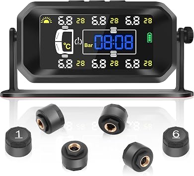 TPMS Tyre Pressure Monitoring System for HGV, Caravan, Coache, Motorhom,6 Wheel Sensors, 8bar/116psi Max Pressure & Temperature Monitoring Upgraded for Commercial Vehicles,Solar/USB Charging