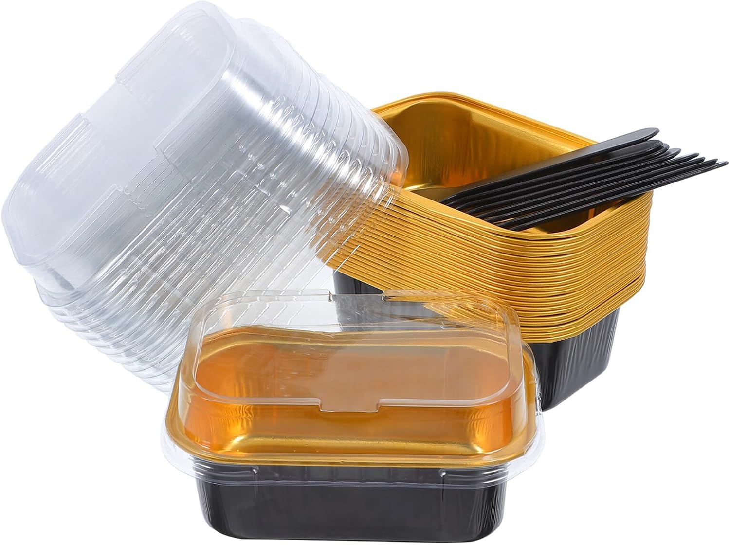KICHOUSE 50pcs Mini Loaf Baking Pans with Lids and Forks, Rectangular Aluminum Foil Small Foil Pans for Parties, Picnics, and Holiday Desserts