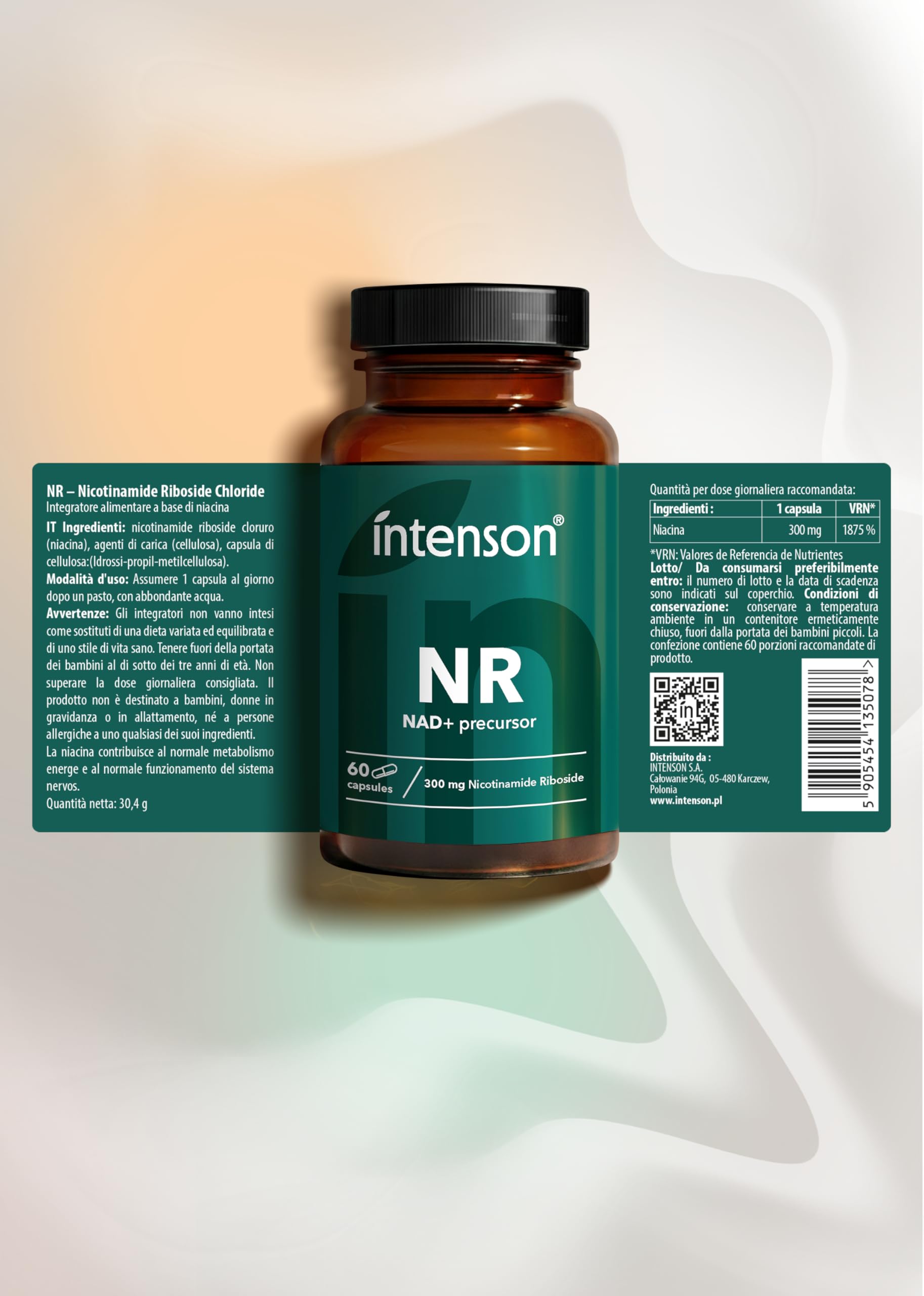 Intenson Nicotinamide Riboside NR, NAD+ Precursor, 300 mg per Capsula, NAD+ Booster, Benessere dell’età, 60 Capsule Vegane, Formula Pulita e Essenziale