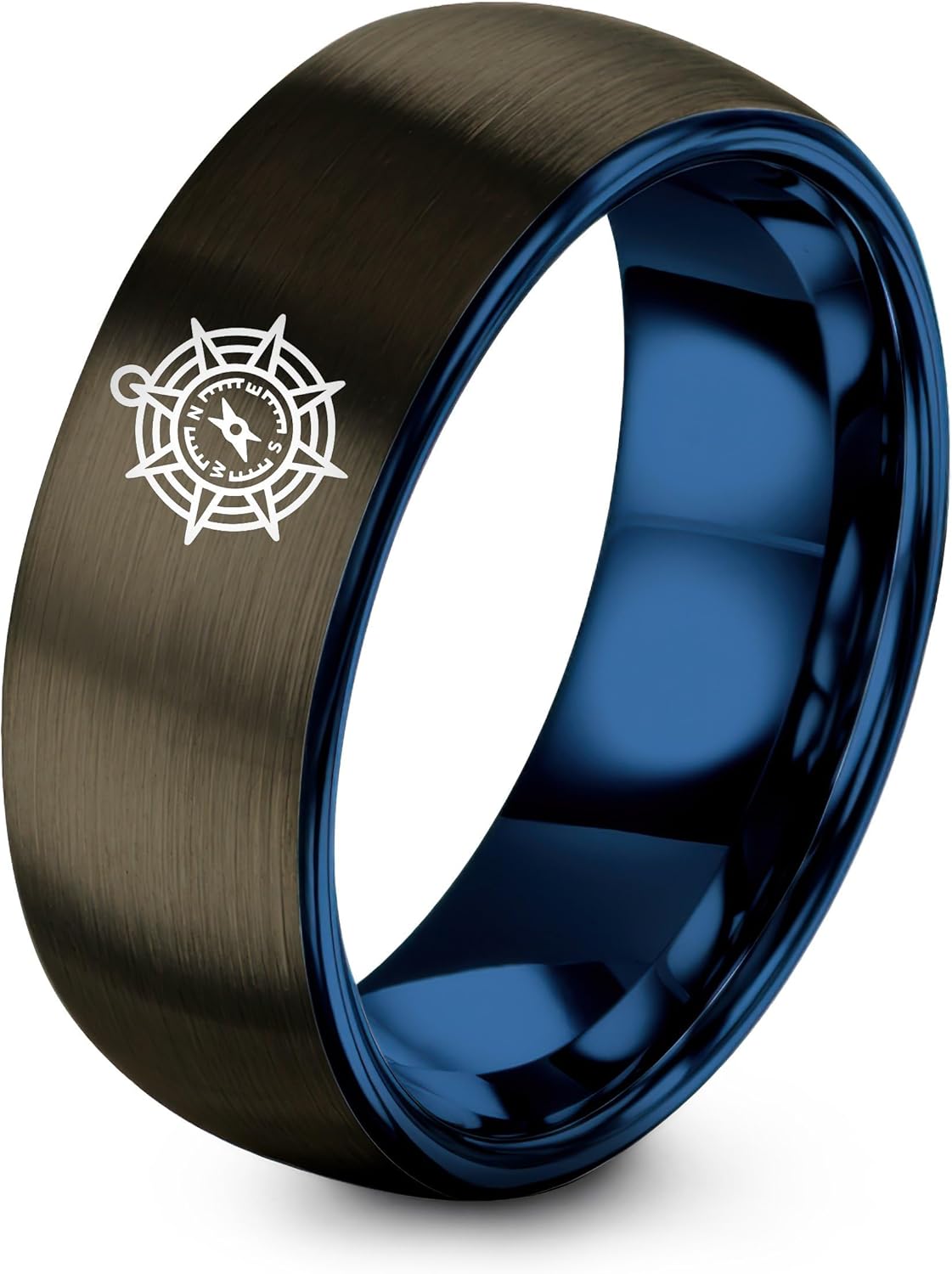 Ships Compass Ring - Gift for Mariner - Flat Dome Bevel - Anniversary Engagement Wedding - 8mm - Men Women - Band - Tungsten Carbide - Personalized Custom Engraving - Blue Gunmetal Silver