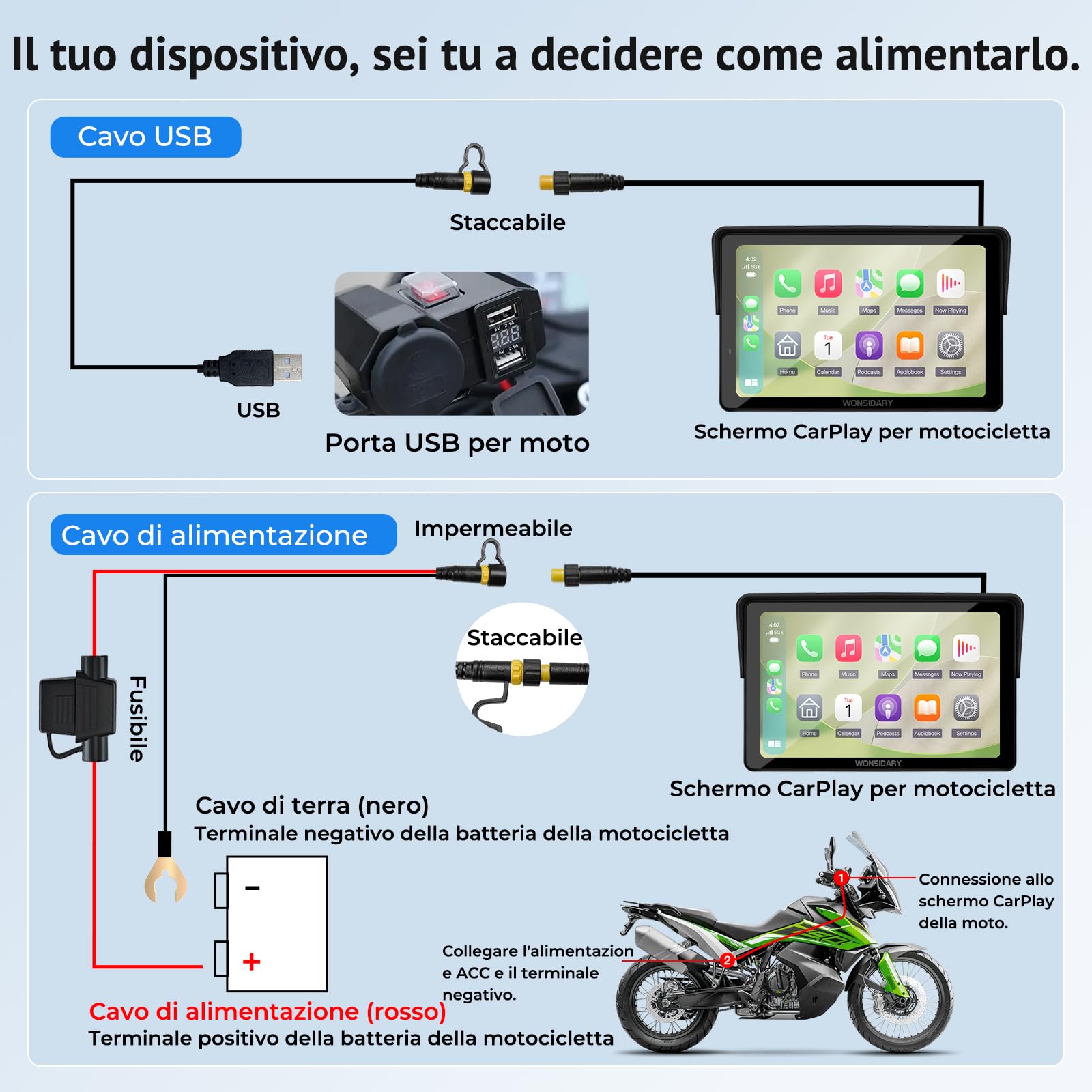 W722TPMS Schermo CarPlay Moto 7" Wireless con Android Auto Moto,TPMS,Display GPS Moto Impermeabile IP67,Audio Bluetooth Doppio,Controllo Vocale,EQ,Sensore di Luce,Alimentazione USB/ACC