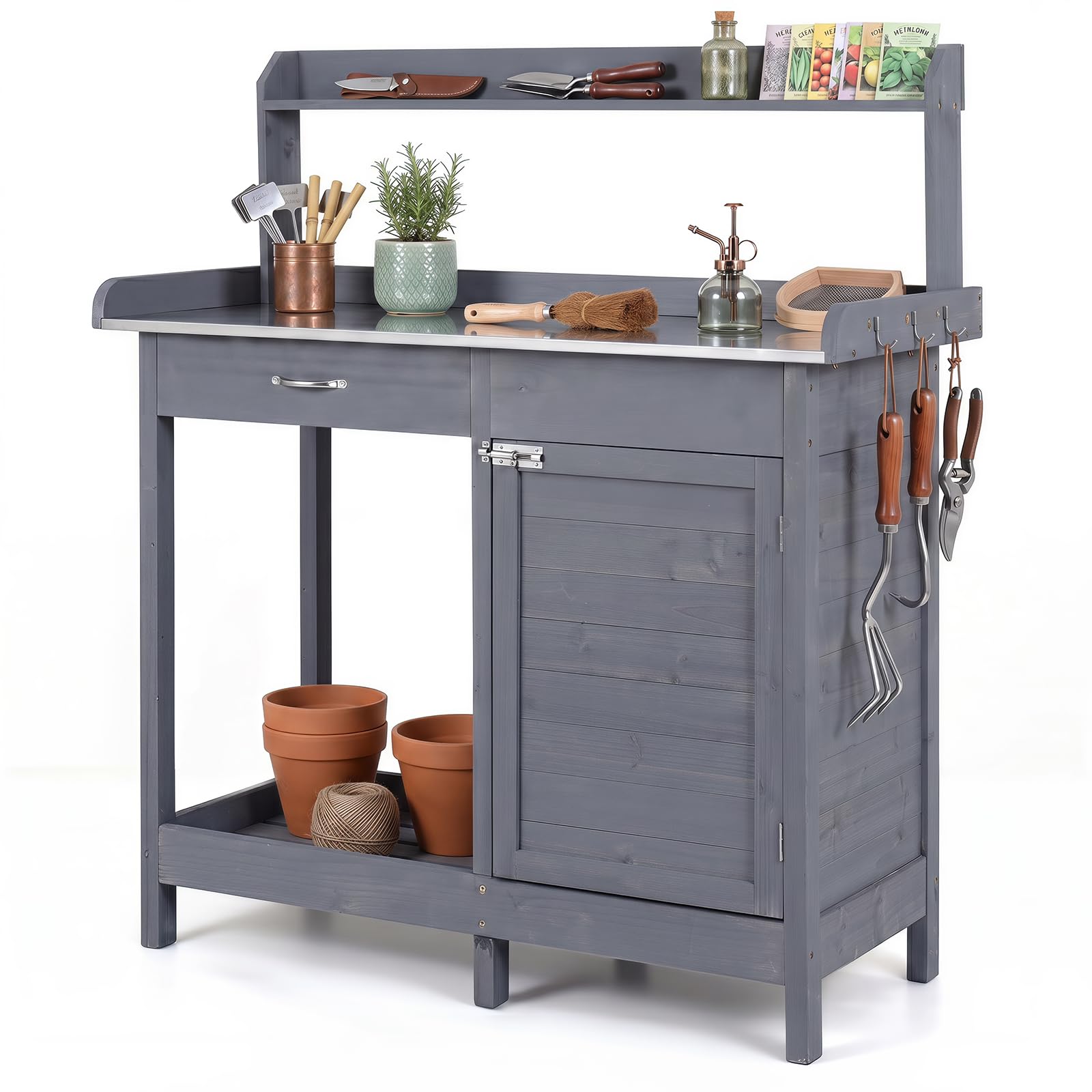 GYMAX Pflanztisch mit Unterschrank, 112 x 46,5 x 125 cm (Grau)