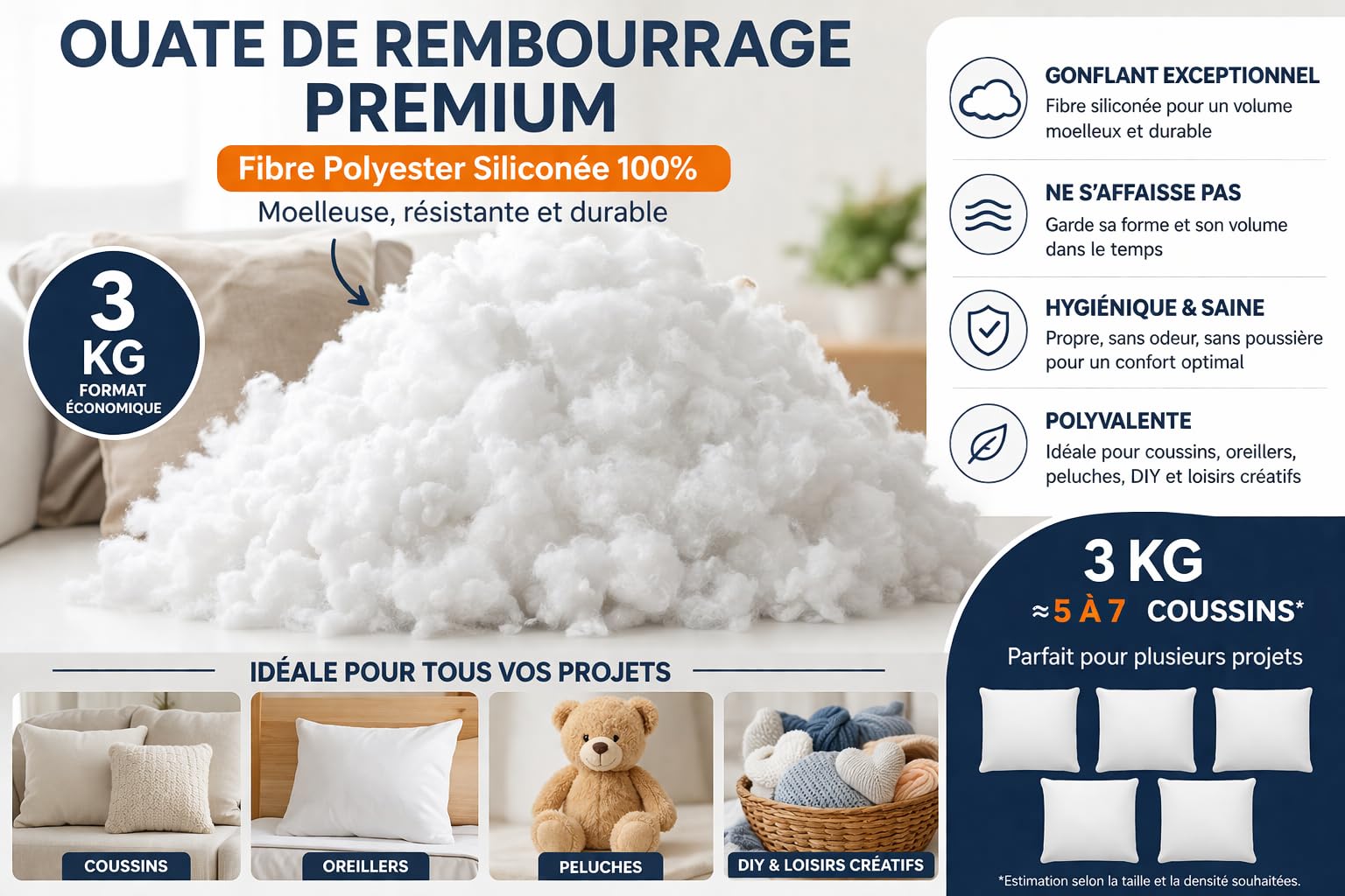 Ouate de Rembourrage 4 Kilos Fibre Creuse siliconée 100% Polyester Blanc Rembourrage pour oreillers Coussins et Peluches (4000 GR)