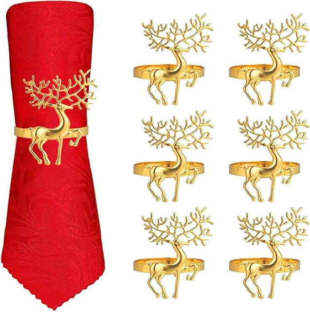 Christmas Napkin Rings- 6 Pcs Christmas Alloy Napkin Ring Holder Household Napkin Buckle for Table Decor, Wedding, Xmas, Party Dinner, Thanksgiving (Reindeer) (Gold)