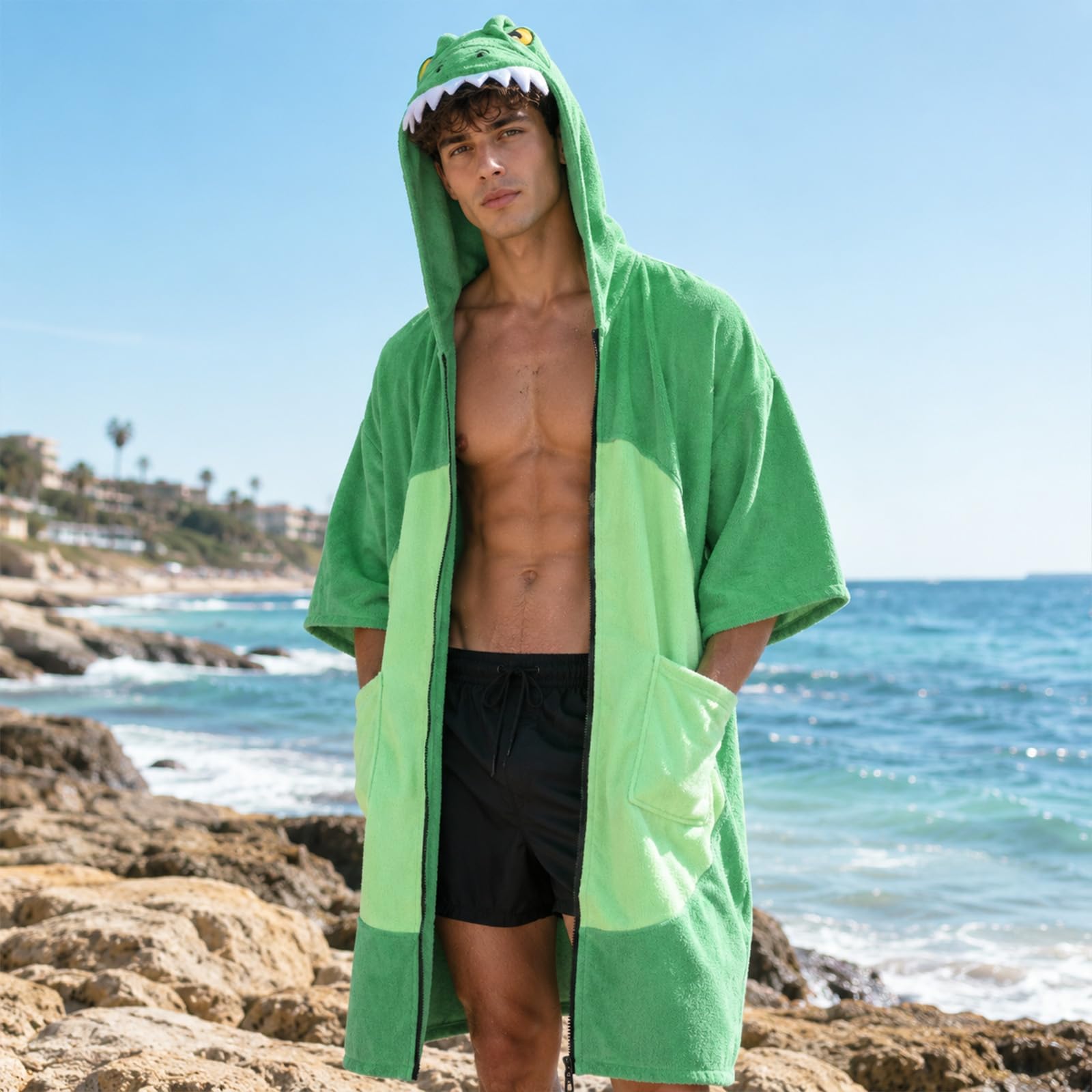 Emwwat Surf-Poncho mit Reißverschluss, übergroß, mit Kapuze, Strandtuch, schnell trocknend, Mikrofaser-Handtuch, Poncho für Strand, Surfen, Schwimmen (grüner Dinosaurier)