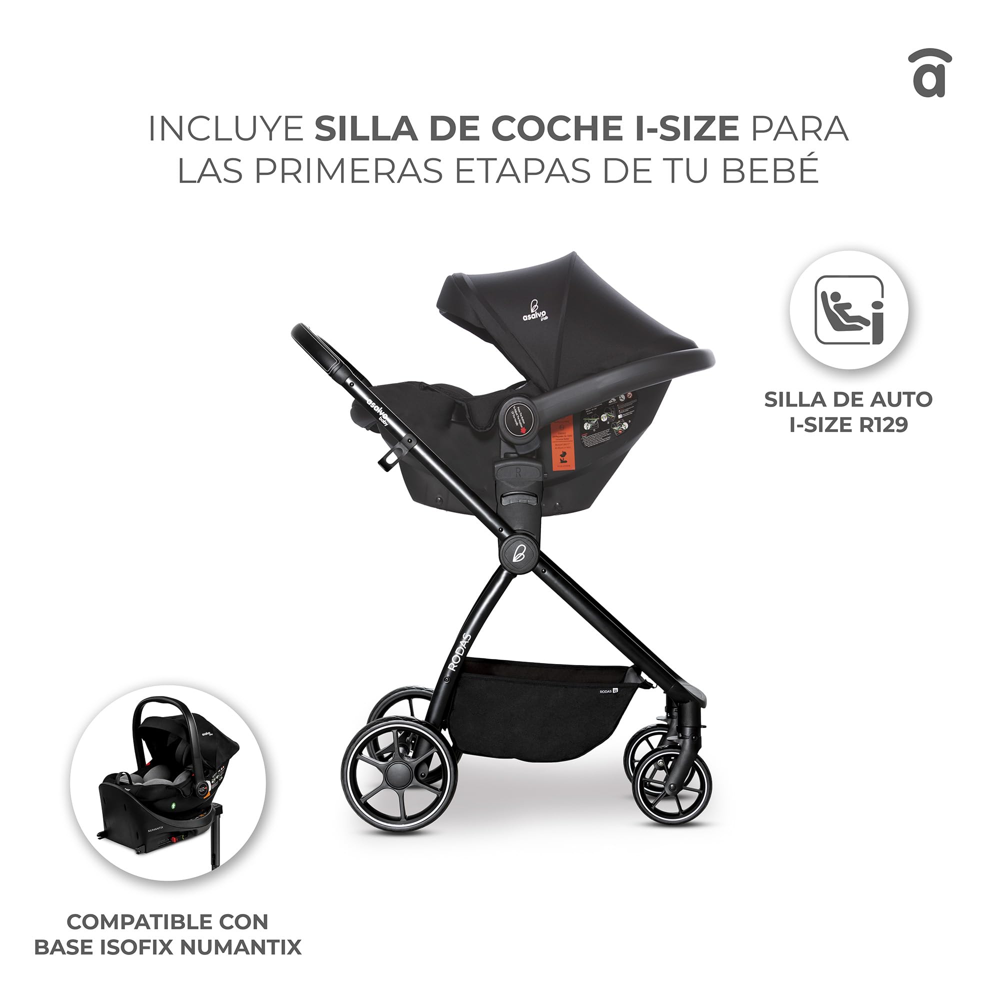 Asalvo RODAS Trío Convertible, 3 en 1, Silla de Paseo, Carrito de bebé, Silla de Auto, Confortable, Segura, Capota extensible, Suspensión en las Ruedas, Freno trasero, Carga Máxima 23 kg, Beige