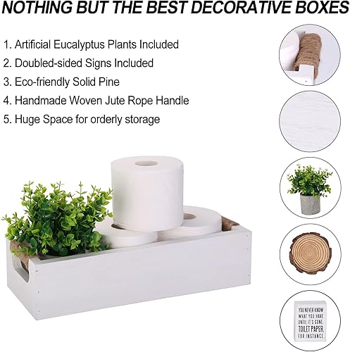 Miniatura 2 de Caja de decoración de baño, cesta organizadora de papel higiénico con divertido letrero de doble cara y flores artificiales, juego de 3 bandejas de