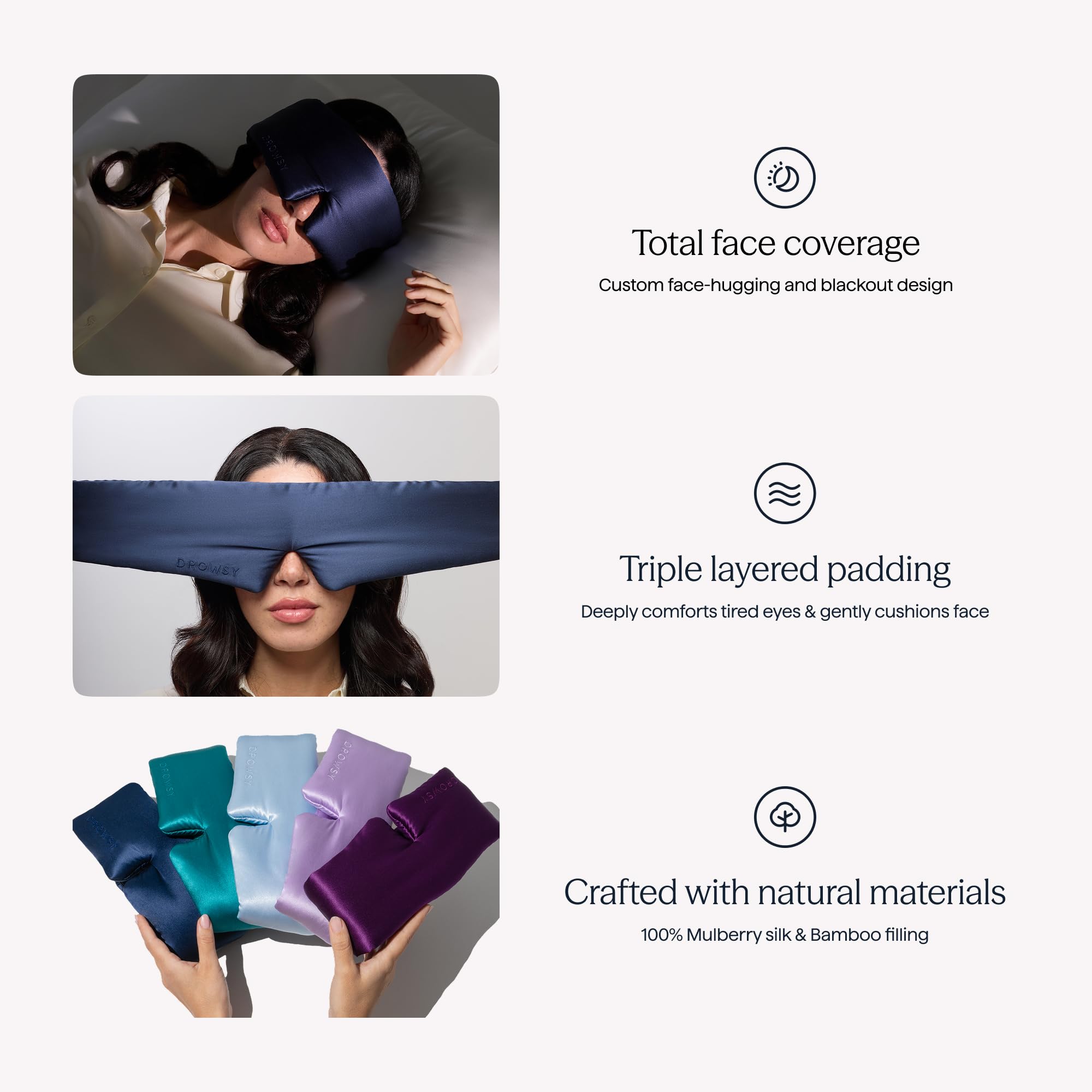 DROWSY Silk Sleep Mask - Face-Hugging, Padded Cocoon for Luxury Sleep in Total Darkness - 100% Pure Mulberry Silk, Skin-Hydrating & Adjustable (Midnight Blue) — Amazon image 5