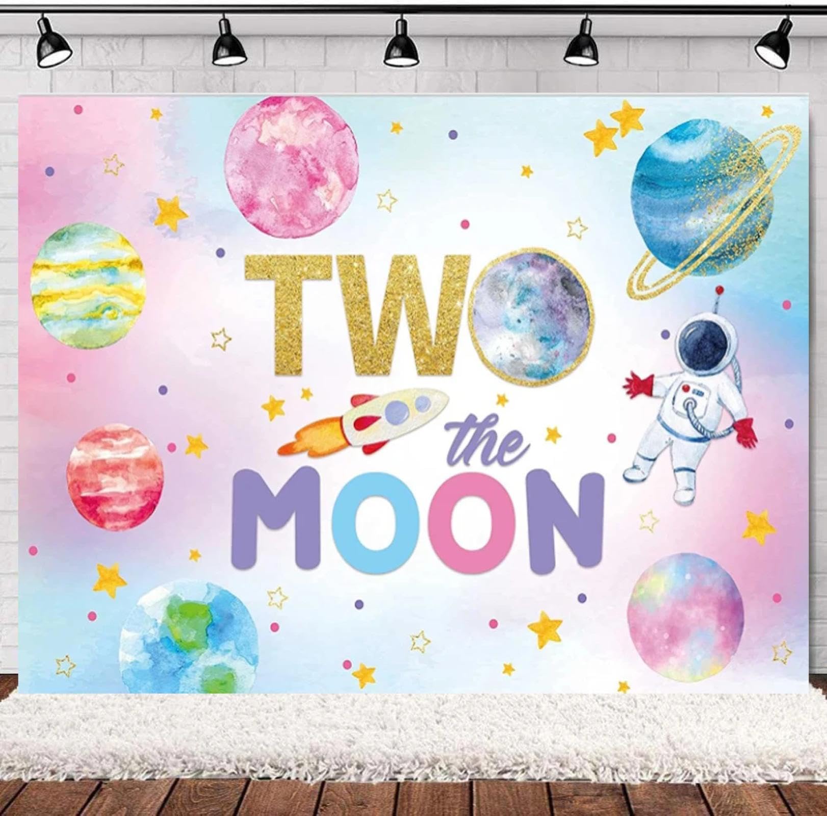 Der Mond Hintergrund Weltraum 2. Geburtstag Mädchen Party liefert Rakete Astronaut Sterne Planet Thema Hintergrund Dekor Banner