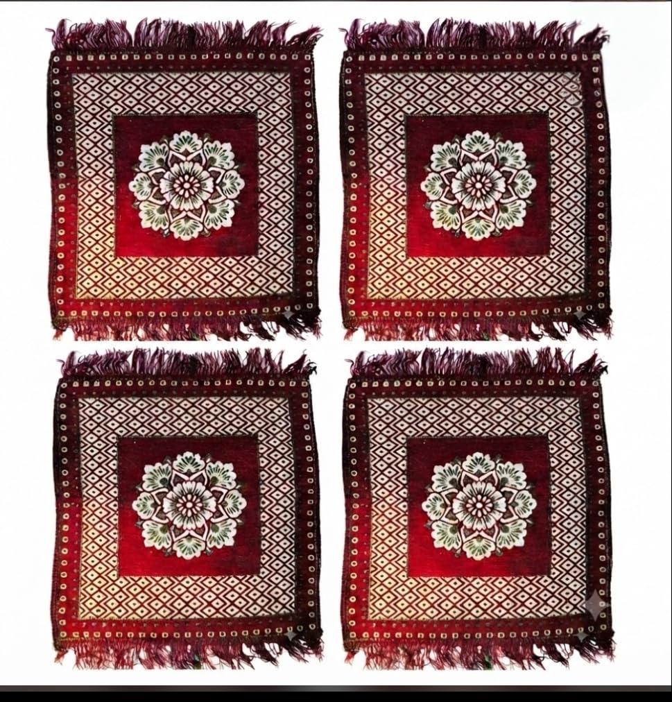 Set of 4 Chenille Worship mats Pooja Asan Premium Velvet Designer Table Mats/Pooja Aasan/Multi-Purpose Mats - Set of 4 (Maroon Royal)-image-35