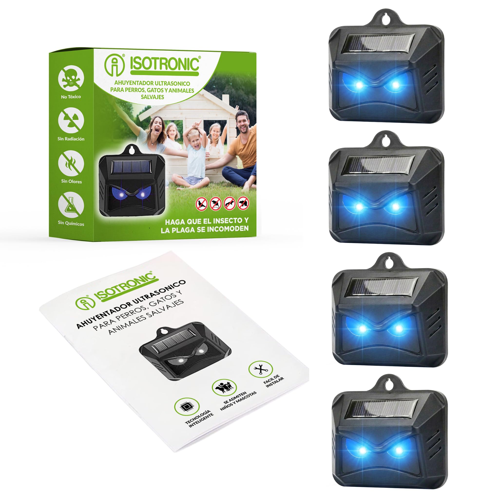 ISOTRONIC Repelente Solar para mapaches, Ciervos, Zorros y jabalíes: Repelente de Fauna Silvestre con luz LED Azul. Disuasivo eficaz con un Alcance Efectivo de 40 m² (4 Unidades).