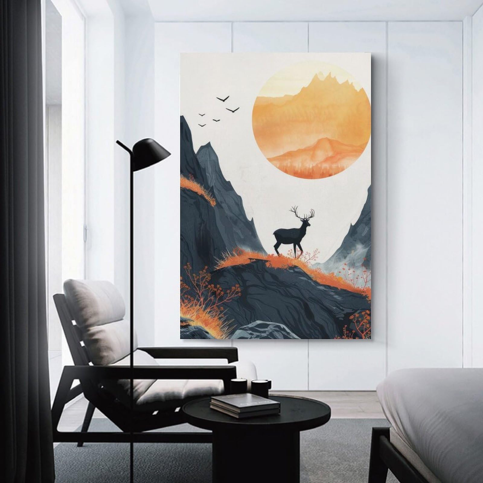 Junmoney Wall Picture Print Silhouette Stag in Sunrise, 24x36inch(60x90cm), for Small Homes, Bedrooms Or Open Spaces, An Easy Choice for New Home Styling