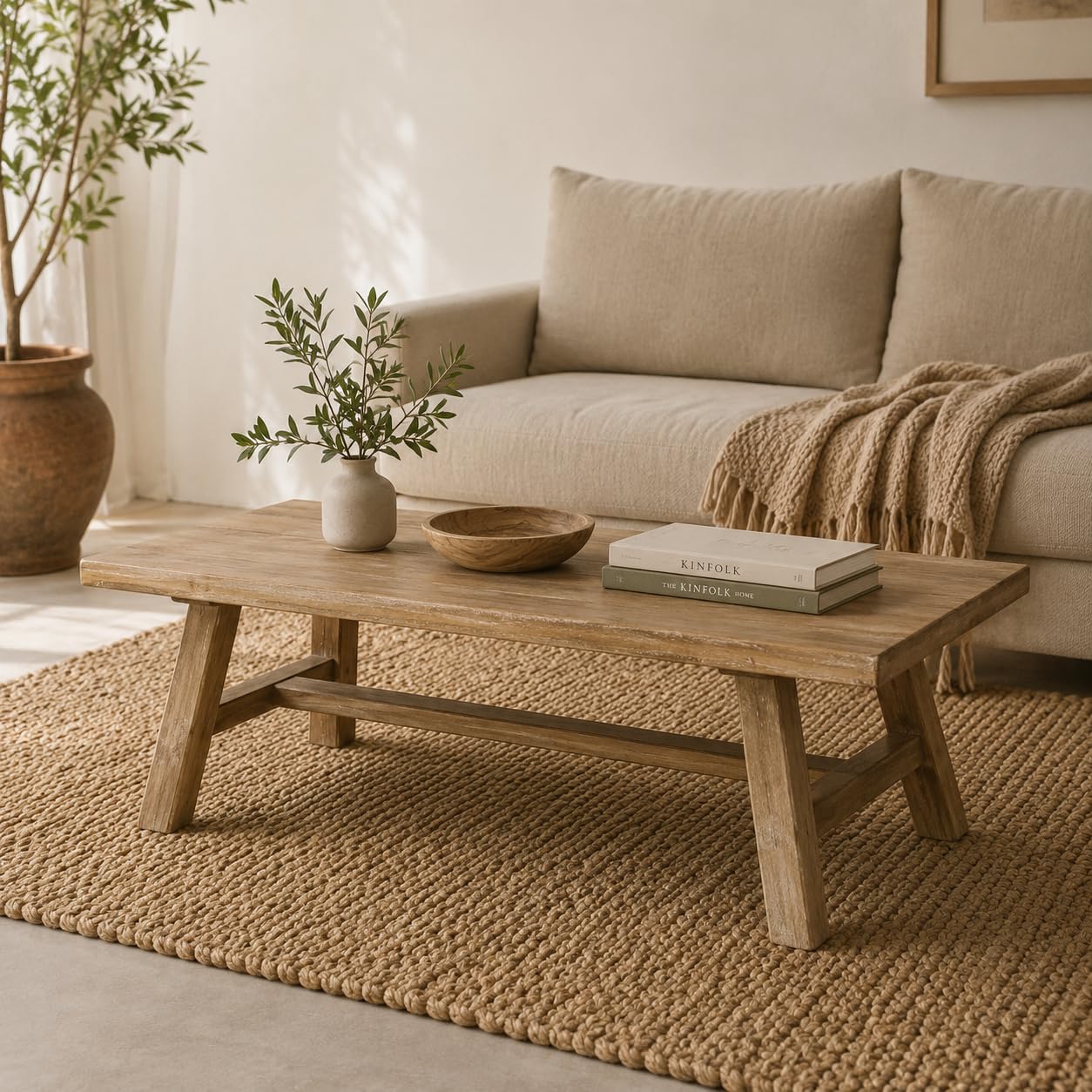 Mesa de Centro de Madera Reciclada Estilo WABI Sabi -con Patas Inclinadas y Refuerzo Horizontal - Mesa Auxiliar de Madera Maciza Sostenible Apto para salón y Pasillo. 120x55x38cm XZ-24897