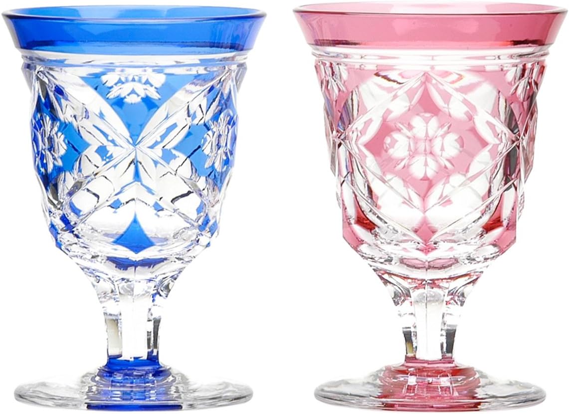 KIMOTO GLASSWARE Japanese Paired Sake Cup of Edo-Kiriko (Cut Glass) Shippo Flower Pattern