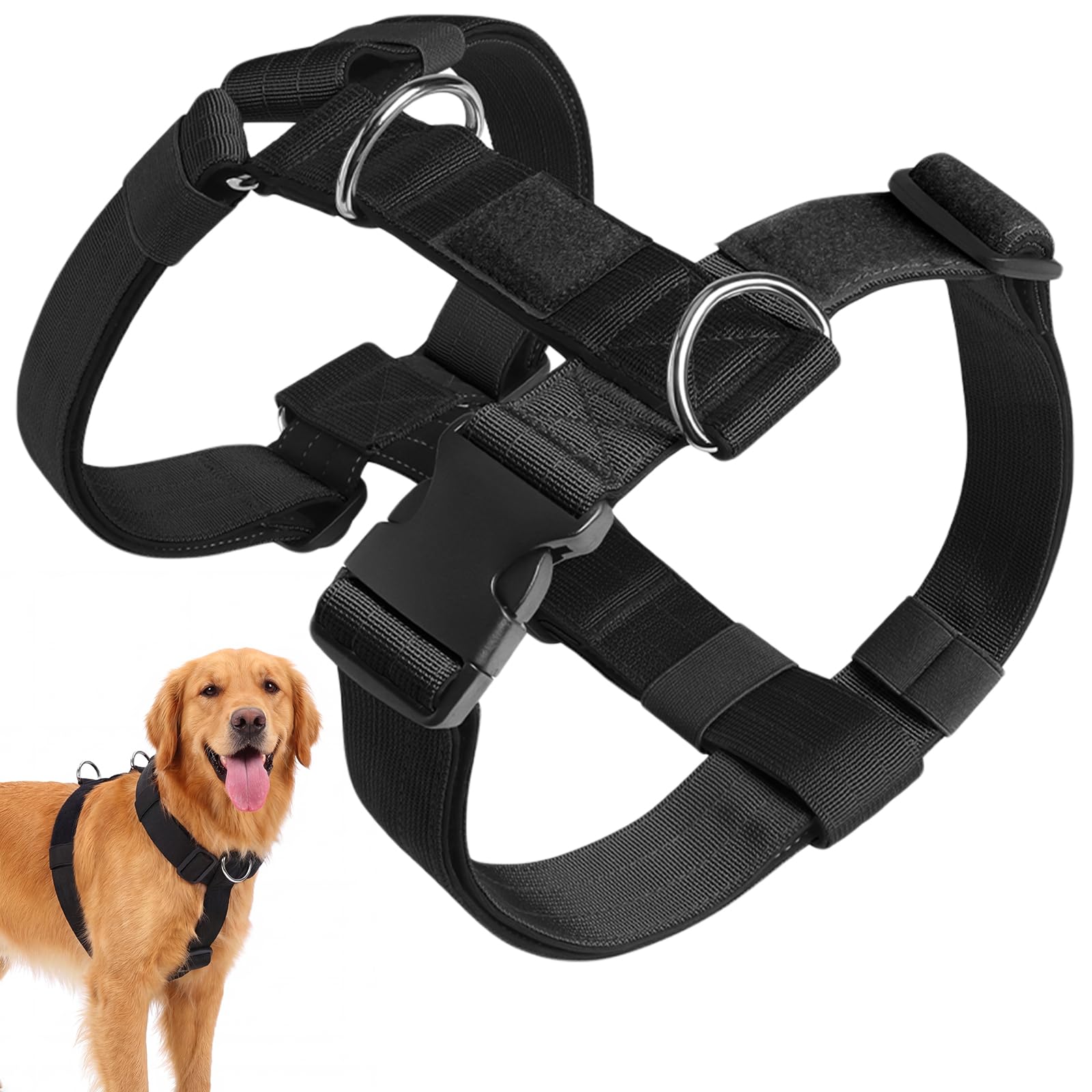 Olcyren No Pull Dog Harness, No Choke Adjustable Dog Harness with Front Back Clips, Anti Pull Breathable Dog Harness, Soft Padded Comfortable Pet Vest for Medium Large Dogs Training Walking (Black, M)