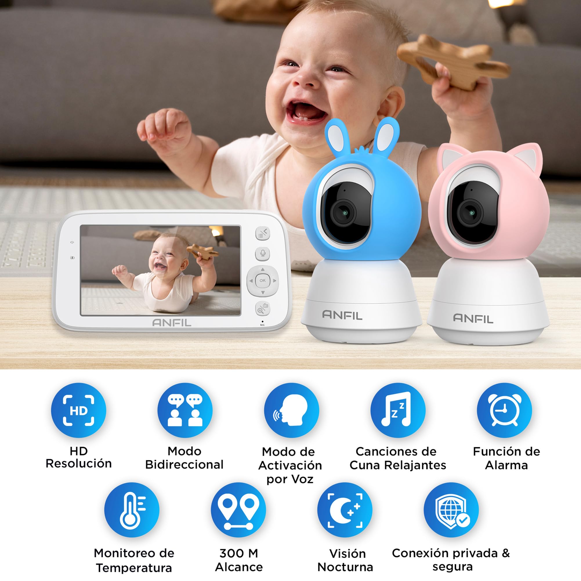 Cámara Vigilancia Bebé con Monitor – Pantalla 5", Visión Nocturna, Audio Bidireccional, Sensor de Temperatura, VOX, Cámara Bebé Sin WiFi, Intercomunicador, Baby Monitor, Vigilabebés