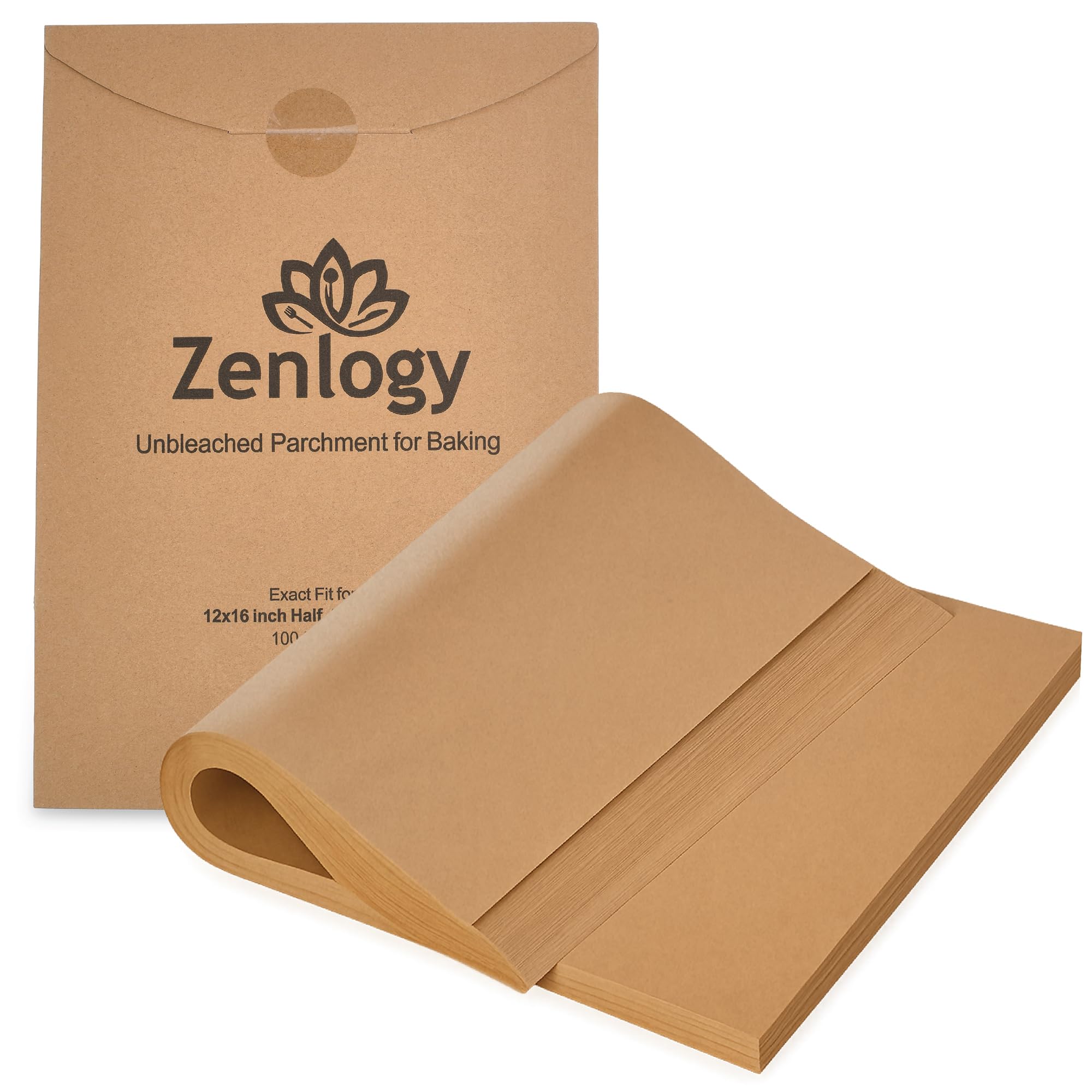 Zenlogy Parchment Paper Sheets 12x16 (100 sheets) for Baking - Unbleached Chlorine-free High Heat Non-Stick Pre-Cut Parchment Paper for Half Sheet Pans