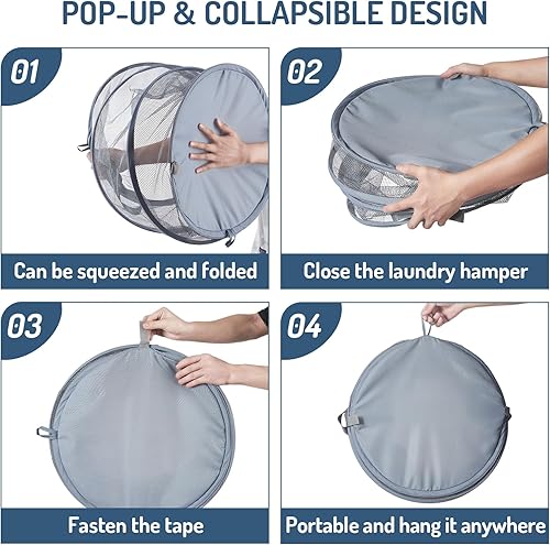 Miniatura 7 de Cesta plegable de malla para ropa sucia de 115 litros, cesta plegable de almacenamiento de ropa de gran capacidad con asas, 26 pulgadas de alto x 18