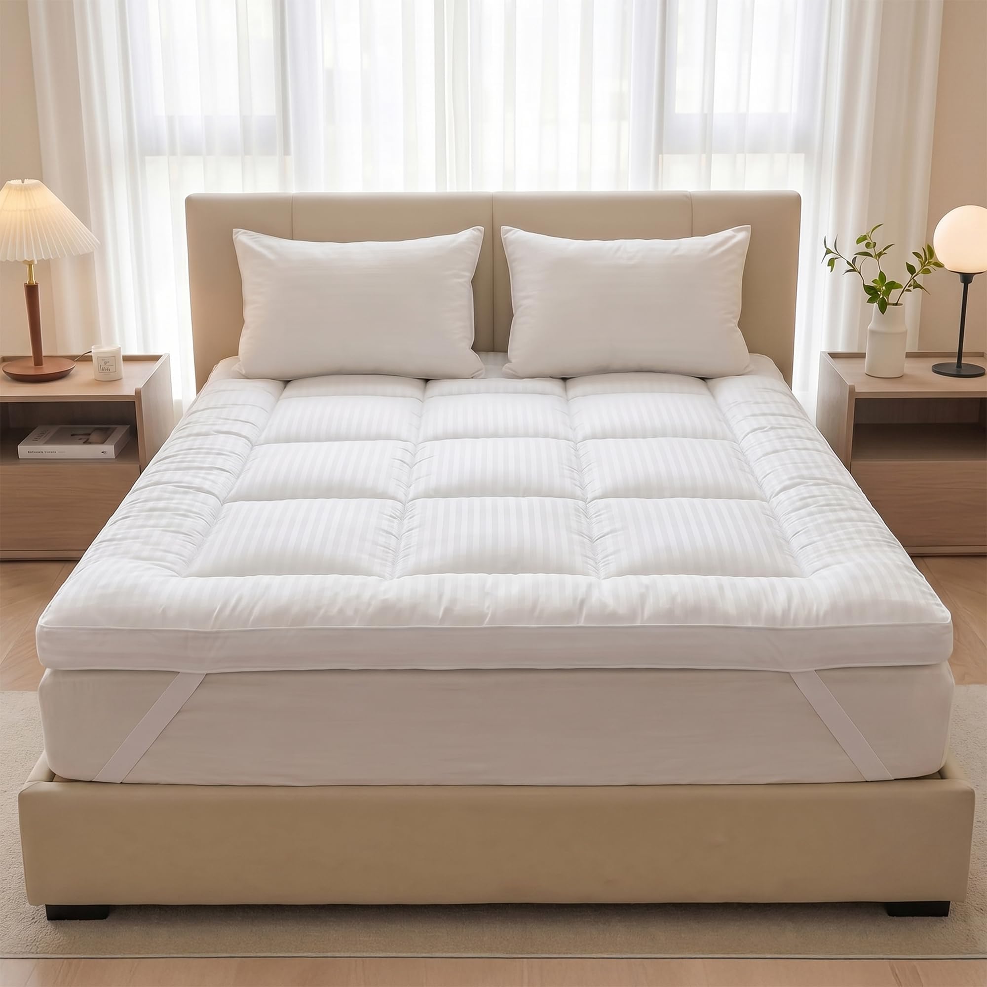 Hotel Linen Klub Queen Mattress Topper | Ultra-Soft 500GSM Microfiber Fill | 85GSM 1cm Stripe Fabric With 4-Side Durable Elastic Band | 160x200+5cm, White