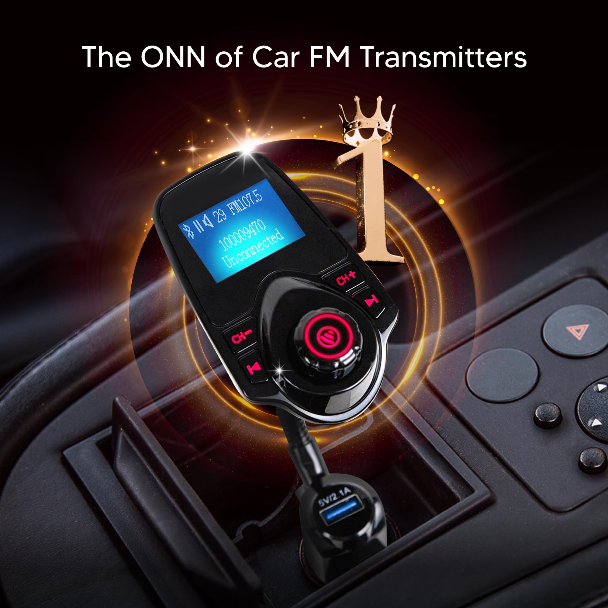 ONN Upgraded 2025 Auto Bluetooth FM Transmitter - 1,44 Zoll Display, Flexibler Schwanenhals, Freisprecheinrichtung, Wireless Music Player, Radio Adapter, USB Ladegerät, Micro SD Karte & AUX