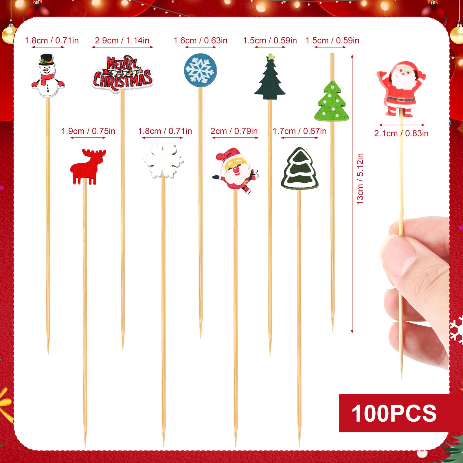 200 Piques à Cocktail De Noël En Bambou - 12cm, 10 Motifs Festifs - Pour Apéritifs, Fruits, Décoration De Buffet - 10