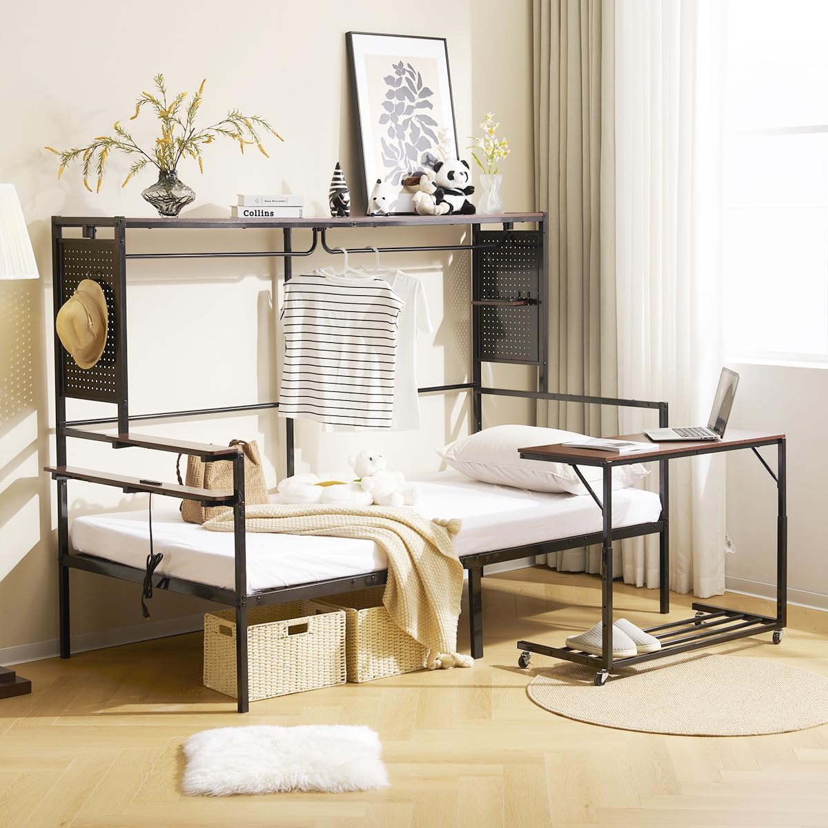 超人気！ロフトベッド（S） コンセント付き 移動可能デスク 北欧風 BLACK