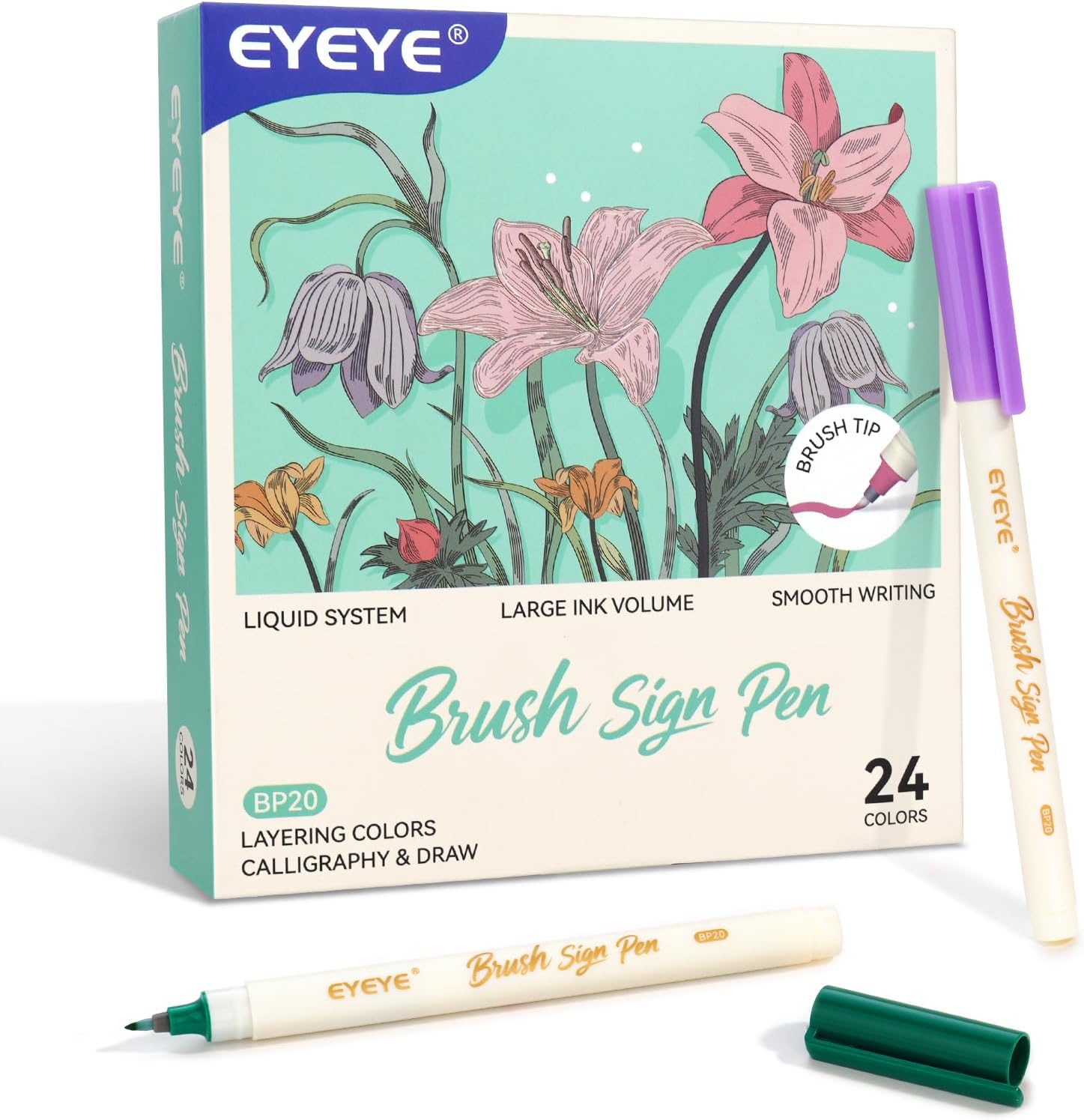 EYEYE Brush Pens, Soft Point 24 Colors Set with Blender Marker, Ideal for Drawing, Journaling, Sketching, Art Supplies for Artists