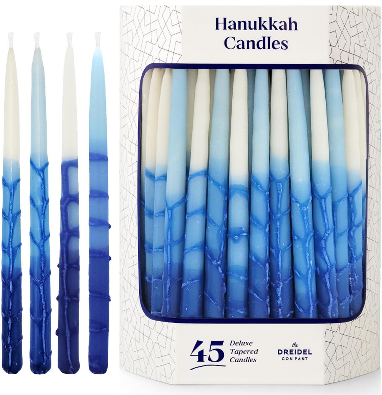 The Dreidel Company Dripless Deluxe Tapered 1-Hour Burn Time Pastel Blue and White Hanukkah Menorah Candles Includes 45 Candles for All 8 Nights of Chanukah