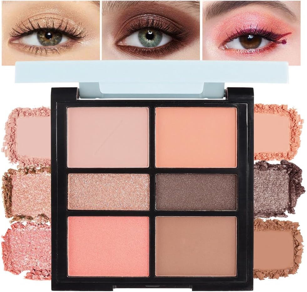 6-Color Eyeshadow Palette Makeup,Velvety Matte & Shimmer Eyeshadow Blend,Warm Peach & Rose Gold Tones Eye Makeup, Long-Lasting Naturing-Looking,Built-In Mirror#02