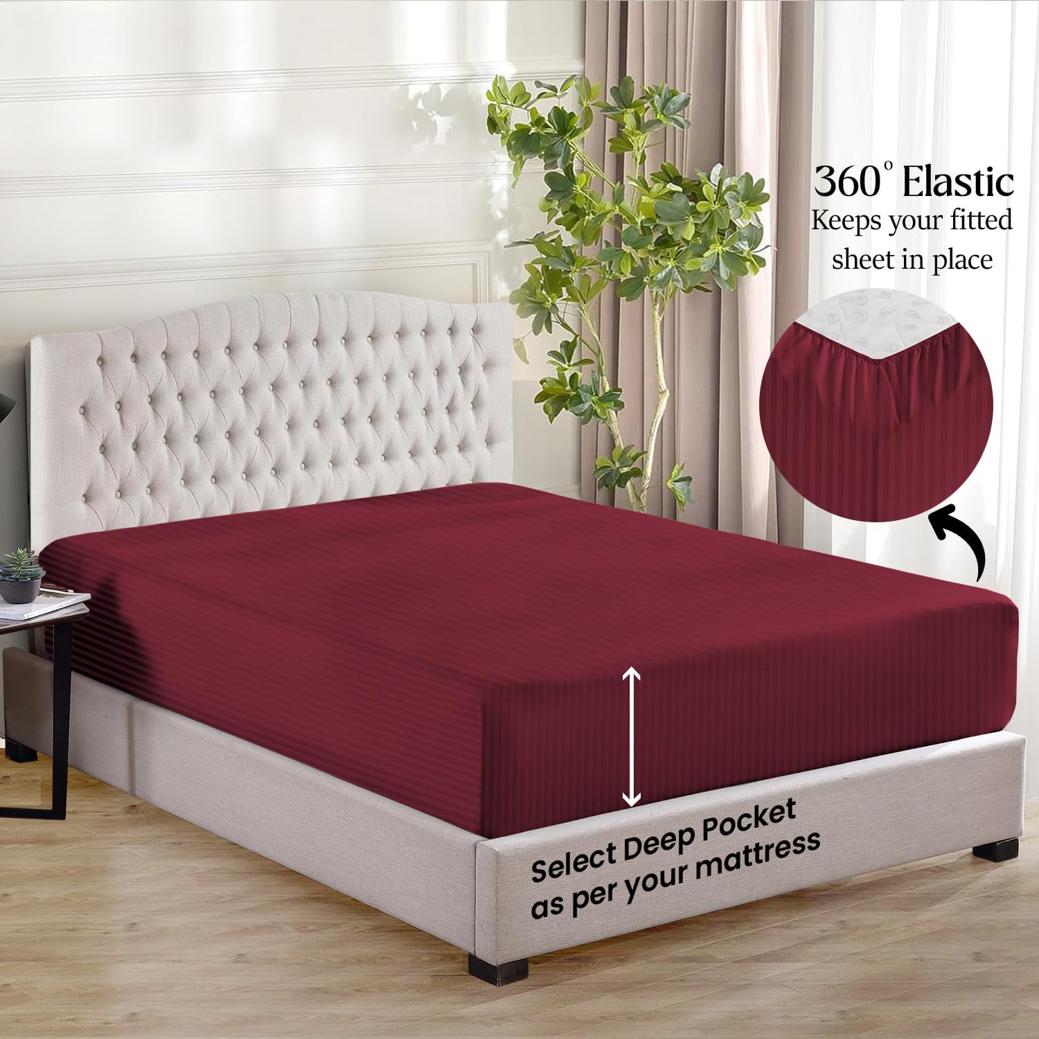 400-TC Egyptian Cotton Fitted Sheet (Single Piece), California Queen (60" x 84") Size Fitted Sheet, Cal-Queen Size Size Fits 9-12" Deep Pocket Sheets, White Stripe