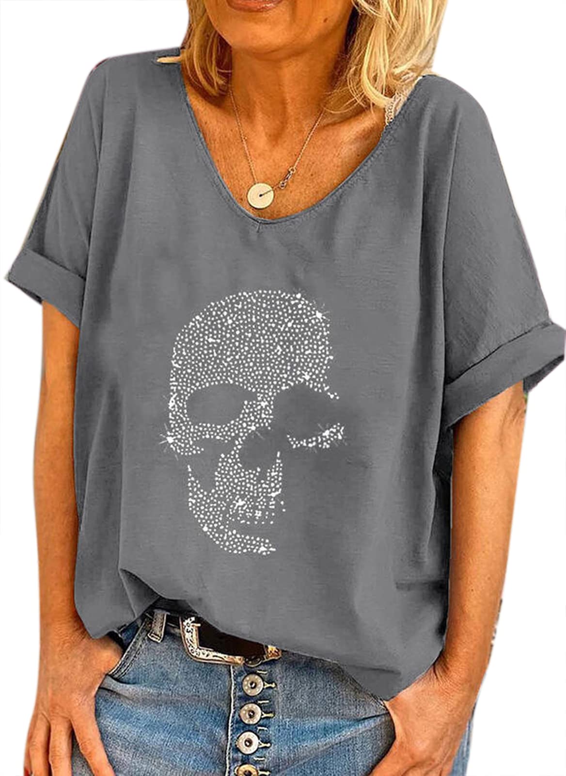Oneforus Women's Gray Skull Diamante Rhinestones Design Baggy T Shirt Tops Punk Rock Fashion Sleeveless T-Shirts