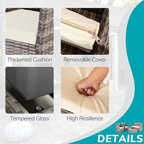 Miniatura 3 de FHFO Juego de muebles de patio al aire libre, juego de conversación de mimbre de 4 piezas, juego seccional de ratán para exteriores con cojines,