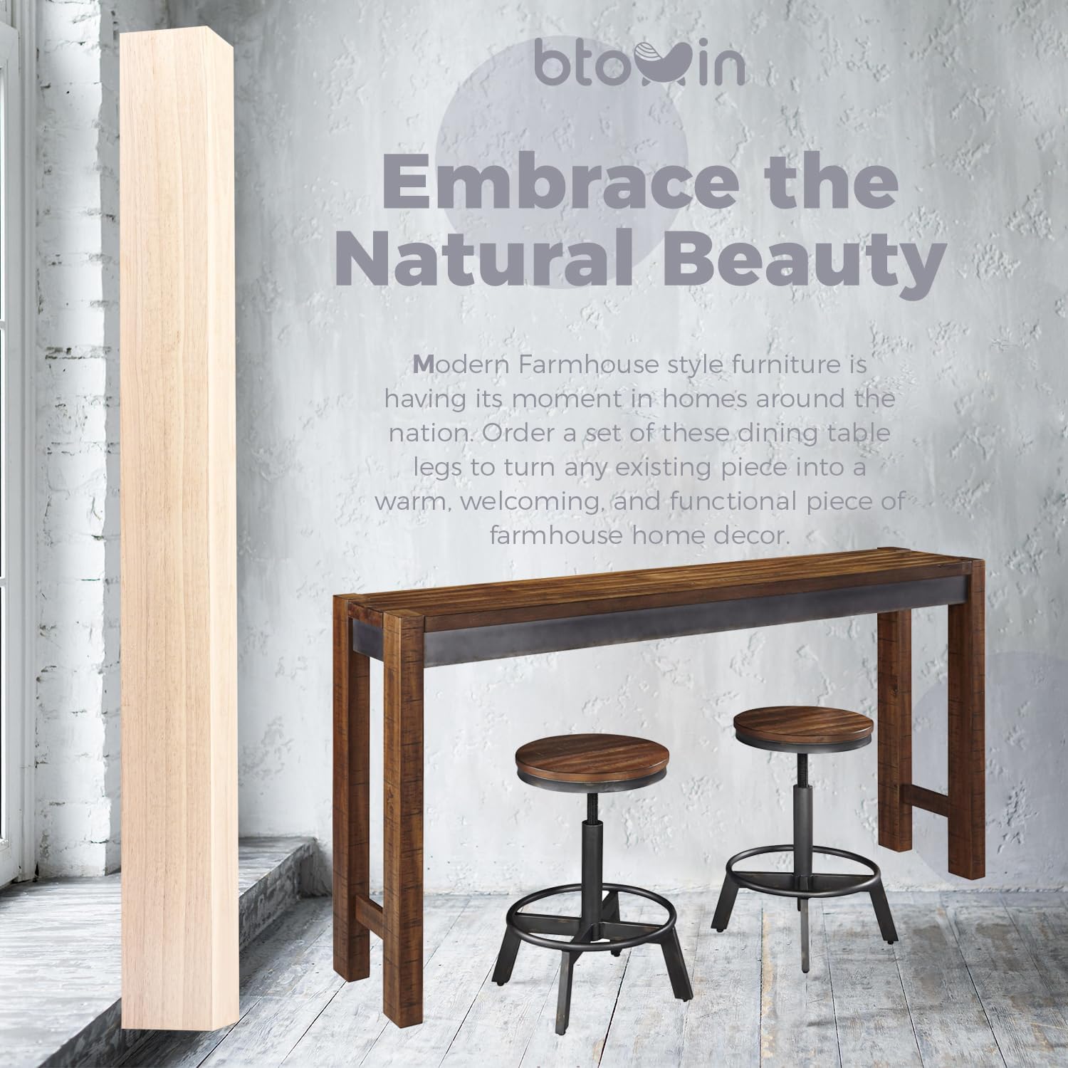 29 inch / 73cm Unfinished Wooden Dining Table Legs, Btowin 4pcs Solid Wood Dining Legs, Classic Countryside Foursquare DIY Replacement Feet for Dining Table Kitchen Island Chair Desk