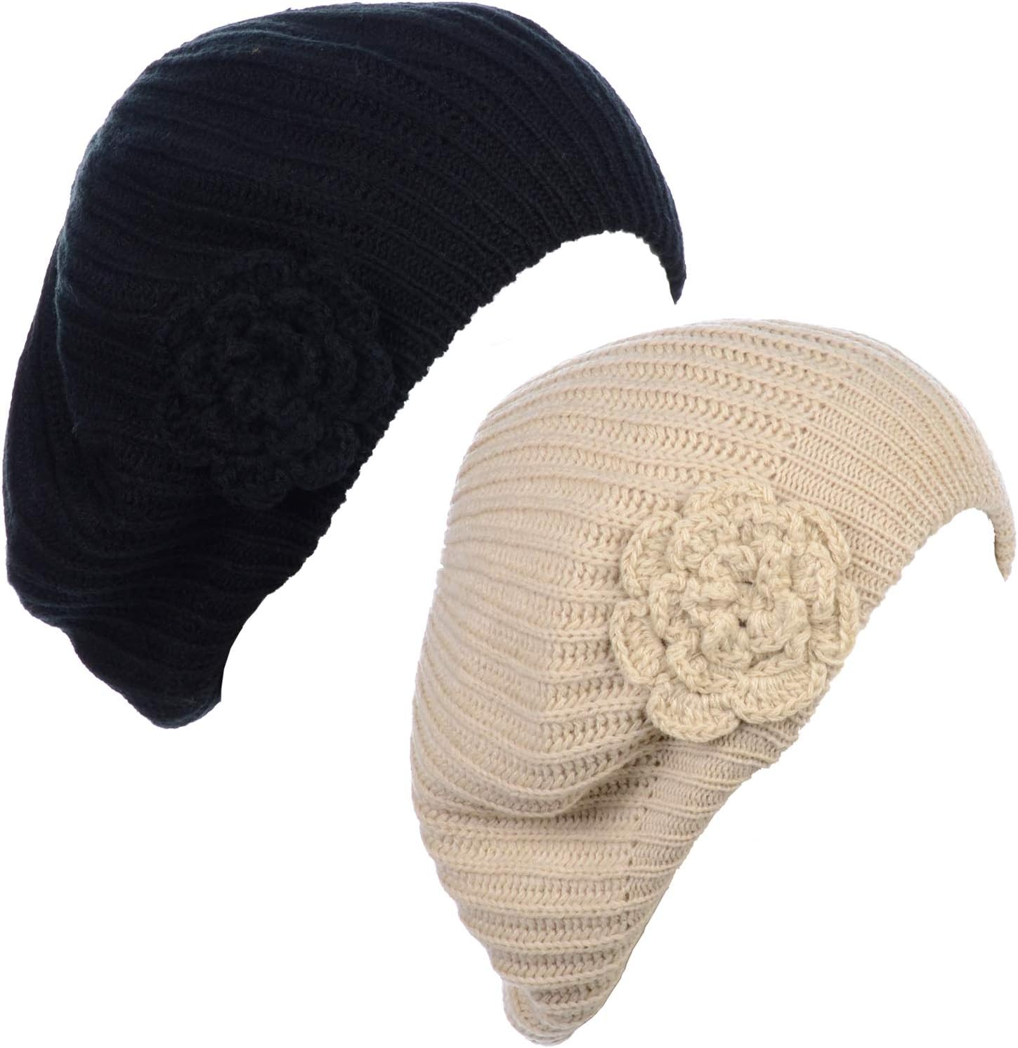 BYOS Ladies Winter Solid Chic Slouchy Ribbed Crochet Knit Beret Beanie Hat W/WO Flower Adornment