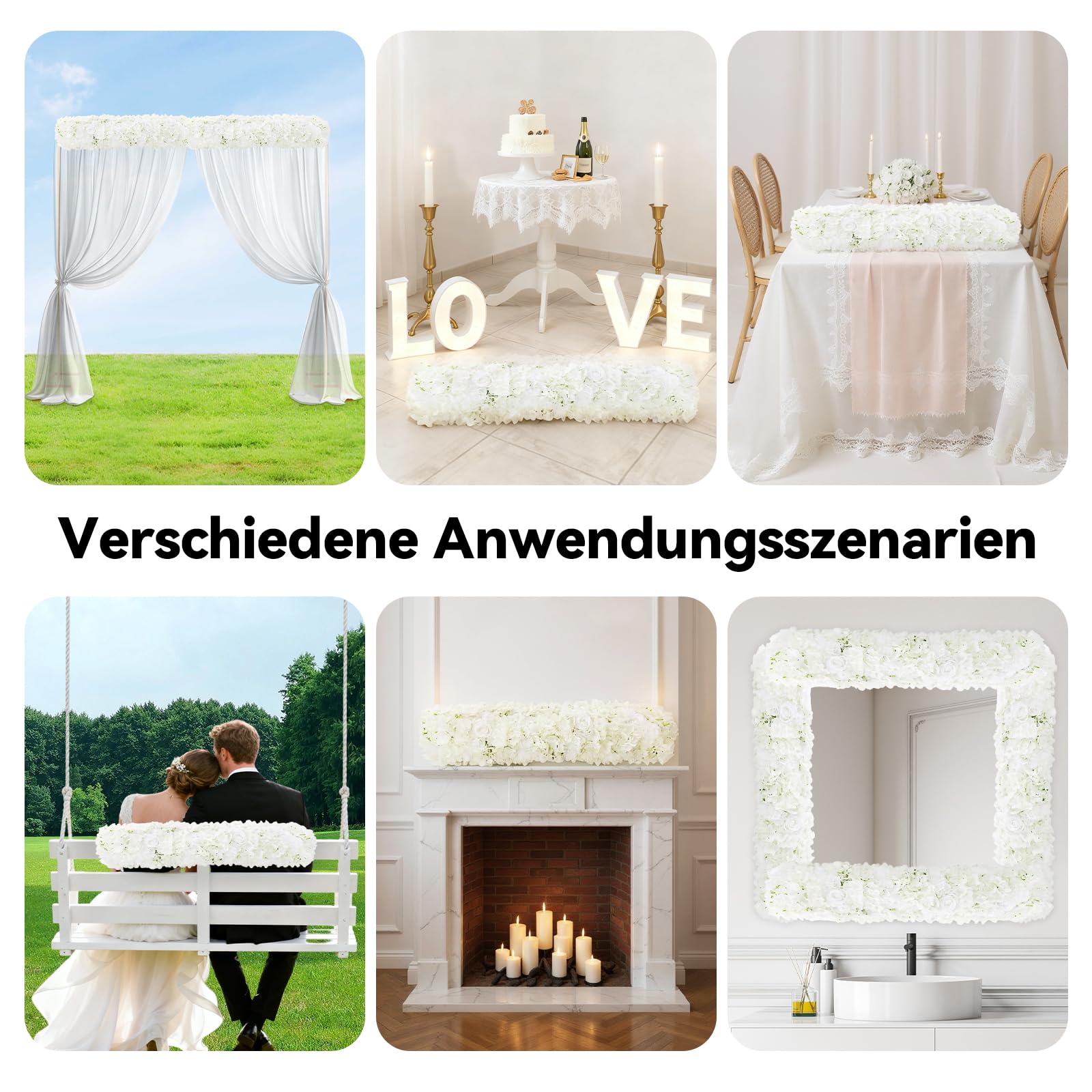 Blumengirlande Künstliches Blumenpaneel 1M lang Künstliche Blumen Hochzeitsdekoration Kunstblumen Fake Centerpiece für Hochzeit, Zuhause, Party (Weiß)