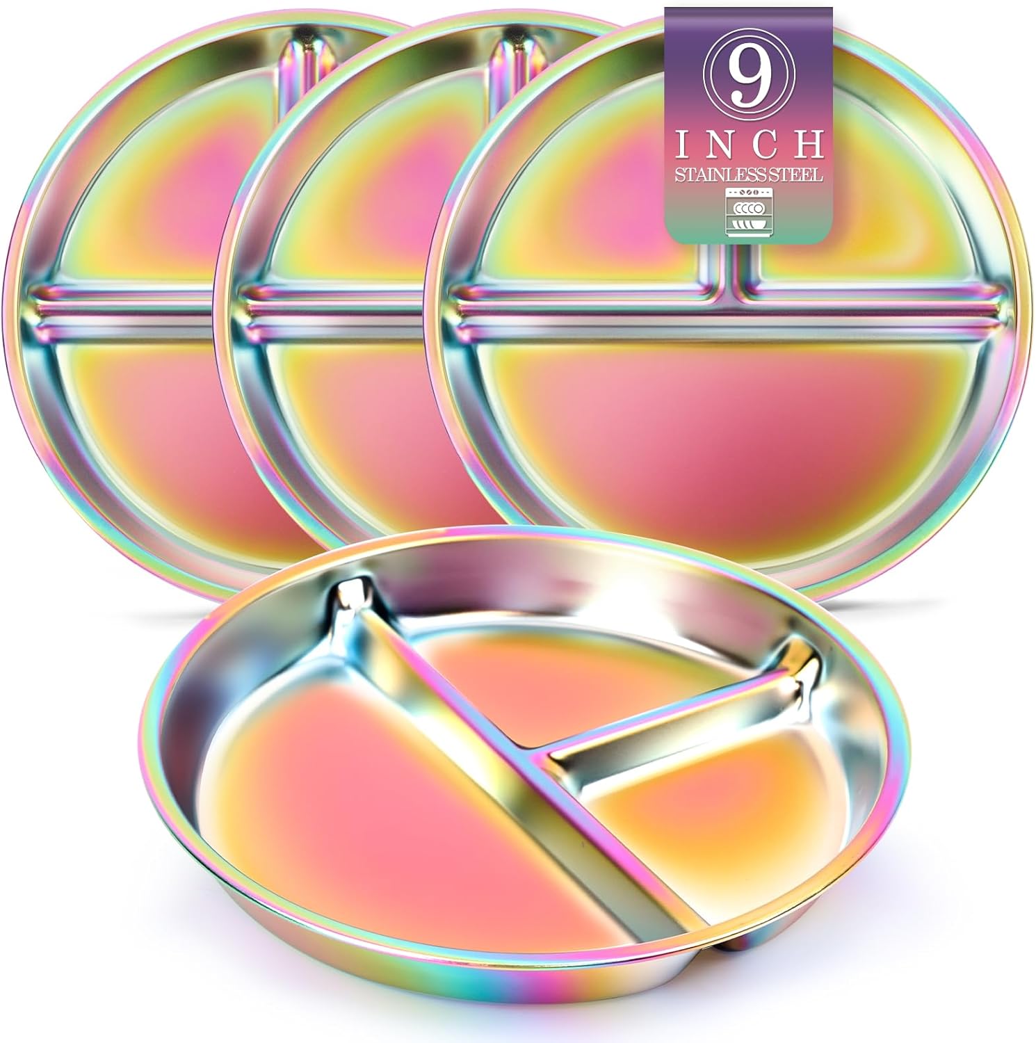 Stainless Steel Kids Plates 4 Packs, Deepened 9″ Portion Control Plate Divided Plate for Toddlers Bigger Appetite, Non Toxic Unbreakable Metal Lunch Dishes, Colorful