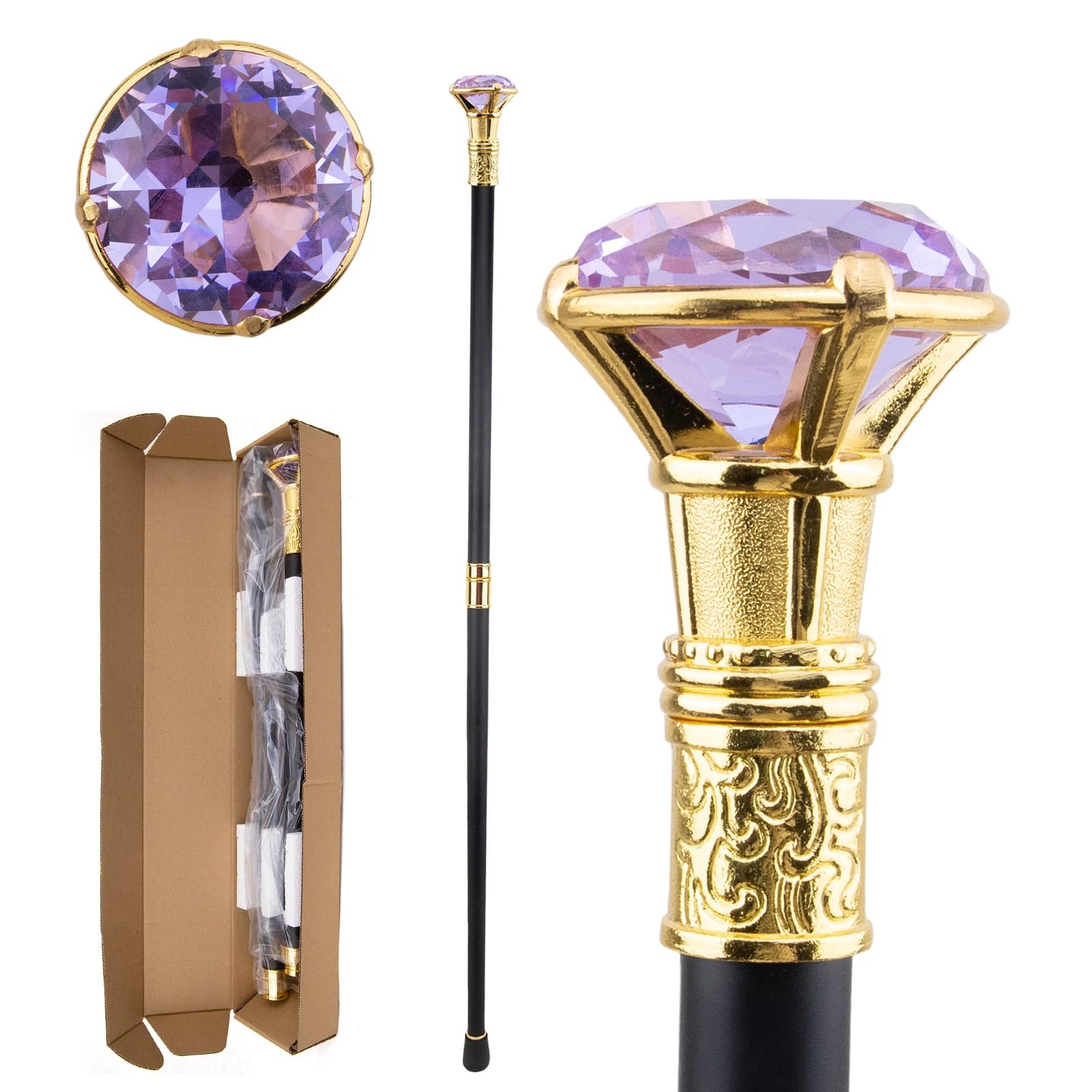 Bastón Dorado Elegante con Piedra Morada Clara, Decorativo de Lujo para Caballero, Cosplay & Eventos Formales 93cm
