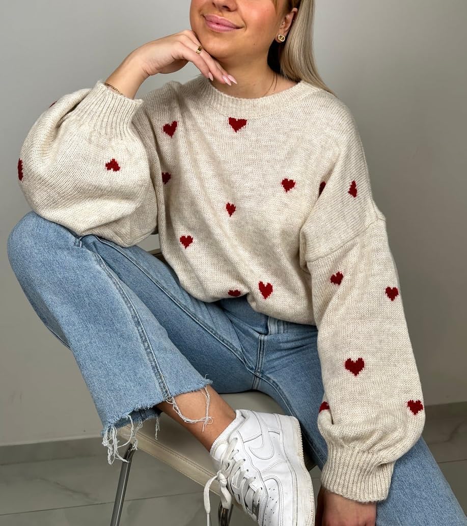 Women Heart Print Sweater Love Graphic Knitted Top Crewneck Cute Holiday Long Sleeve Shirts - Image 3