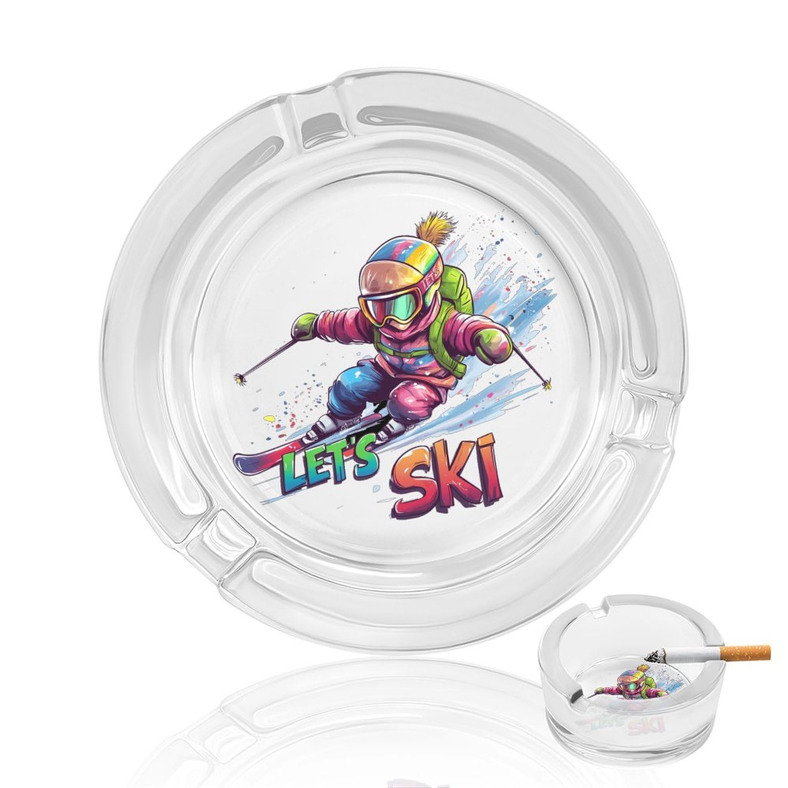 Ski Skiing Sports Ashtray Portable Round Glass Outdoor Ash Tray for Home Office Garden Pub