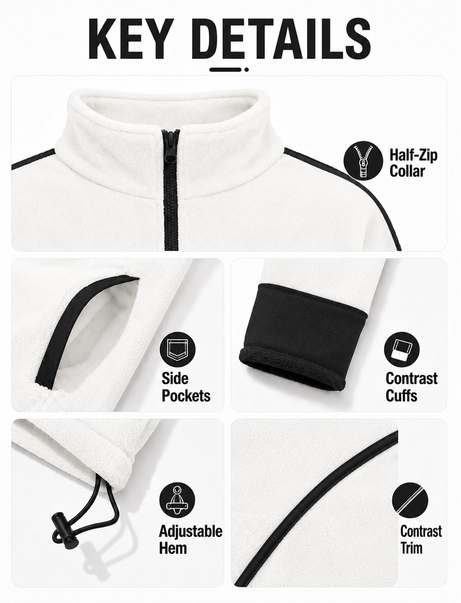 FEOYA Damska bluza polarowa z zamkiem błyskawicznym oversize, ciepły sweter, biały, M | Polarowy top z kieszeniami na jesień zimę sport spacery piesze codzienne odzież domowa