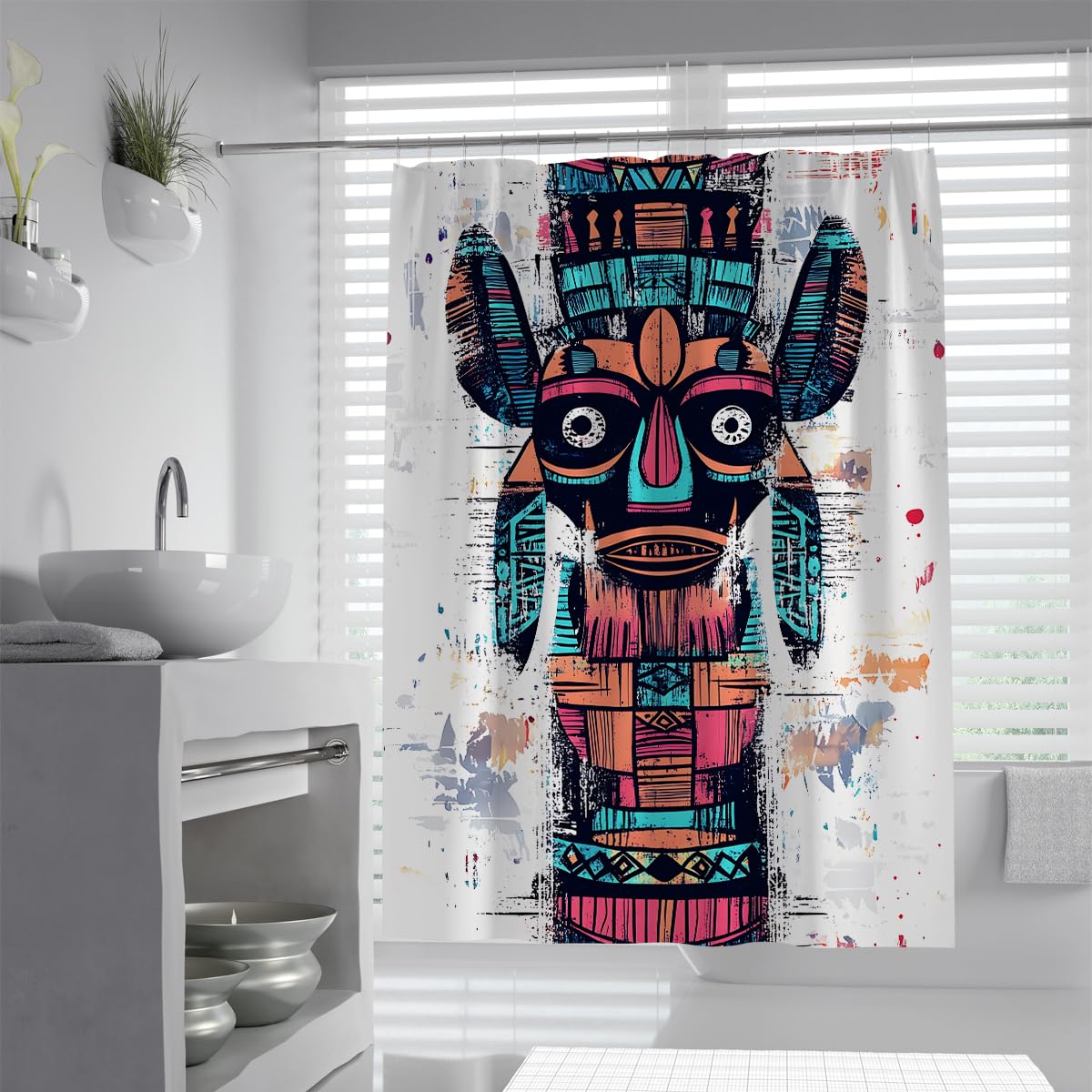 UERWOWELL Distressed Watercolor Abstract Shower Curtain Tribal Totem Geometric Pattern Bath Curtains for Bathroom Rustic Bathtub Decor Waterproof W150xL200 cm