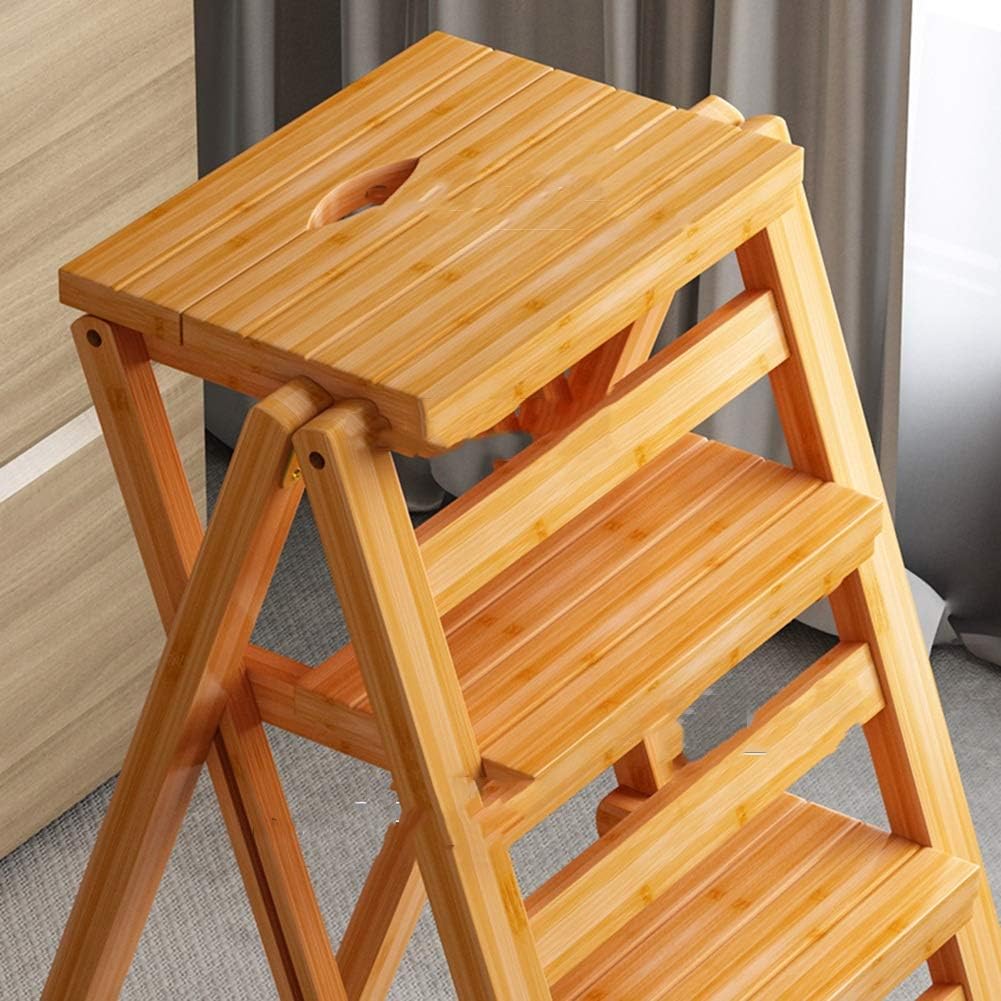 Stepladders Folding Ladder Stool Stairs Multifunction Home Renovation Bar Stool Flower Stand, 3/4 Steps, 4 Colors, 2 Sizes (Color : Wood, Size : 42X55X68CM)
