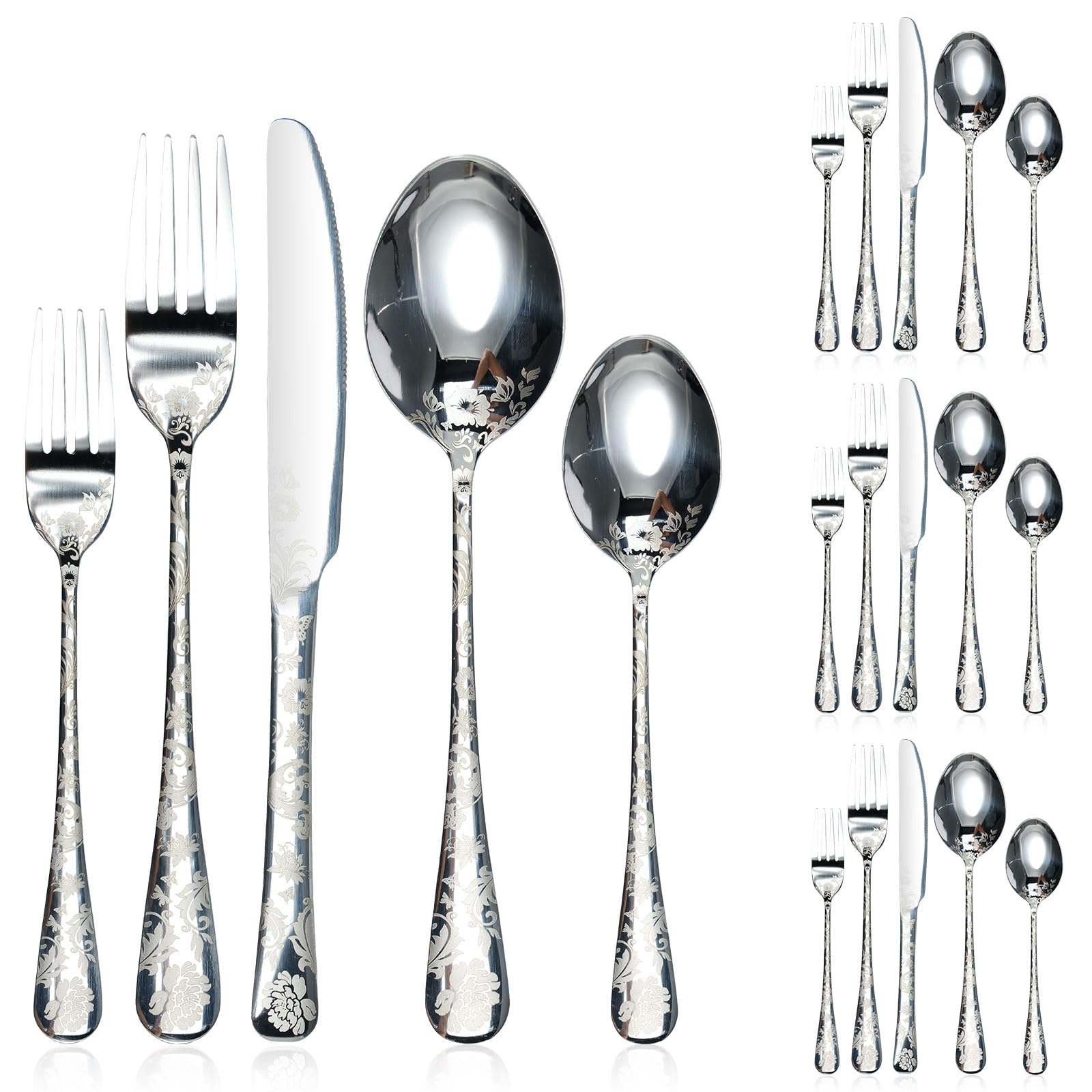 20Pcs Stainless Steel Flower Pattern Cutlery Set Elegant Flower Pattern Flatware Set for 4 Smooth Pattern Design Silverware Set Dishwasher Safe for Home Kitchen Party (Silver)