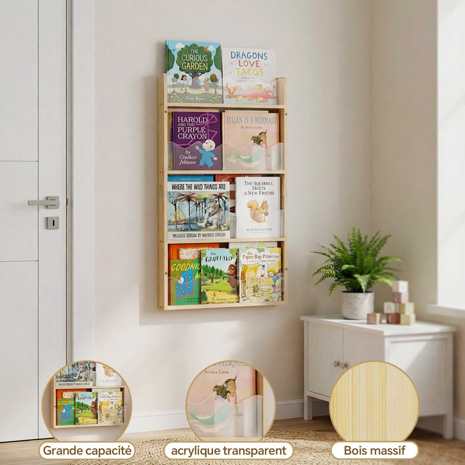 Étagère Murale 4 Niveaux Chambre d'enfant Bois & Acrylique - Étagère à Livres Flottante Chambre Bébé, Étagère Montessori Murale, Rangement Livres Enfant, Organisateur de Jouets & Livres