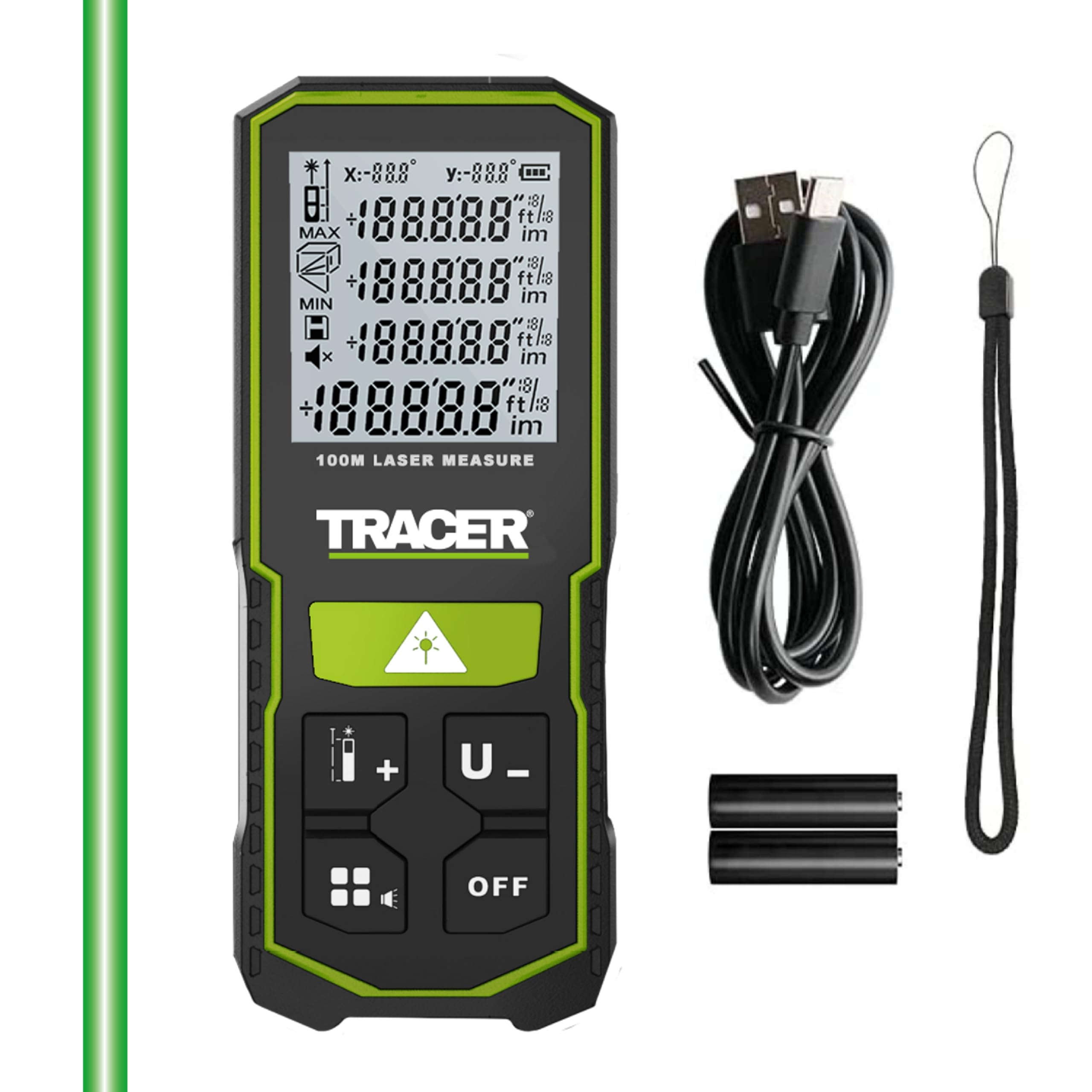 TRACER Laser Measure 100m (328ft), Portable Measuring Device with High-visibility Green Laser, Distance Meter with Batteries and USB cable.